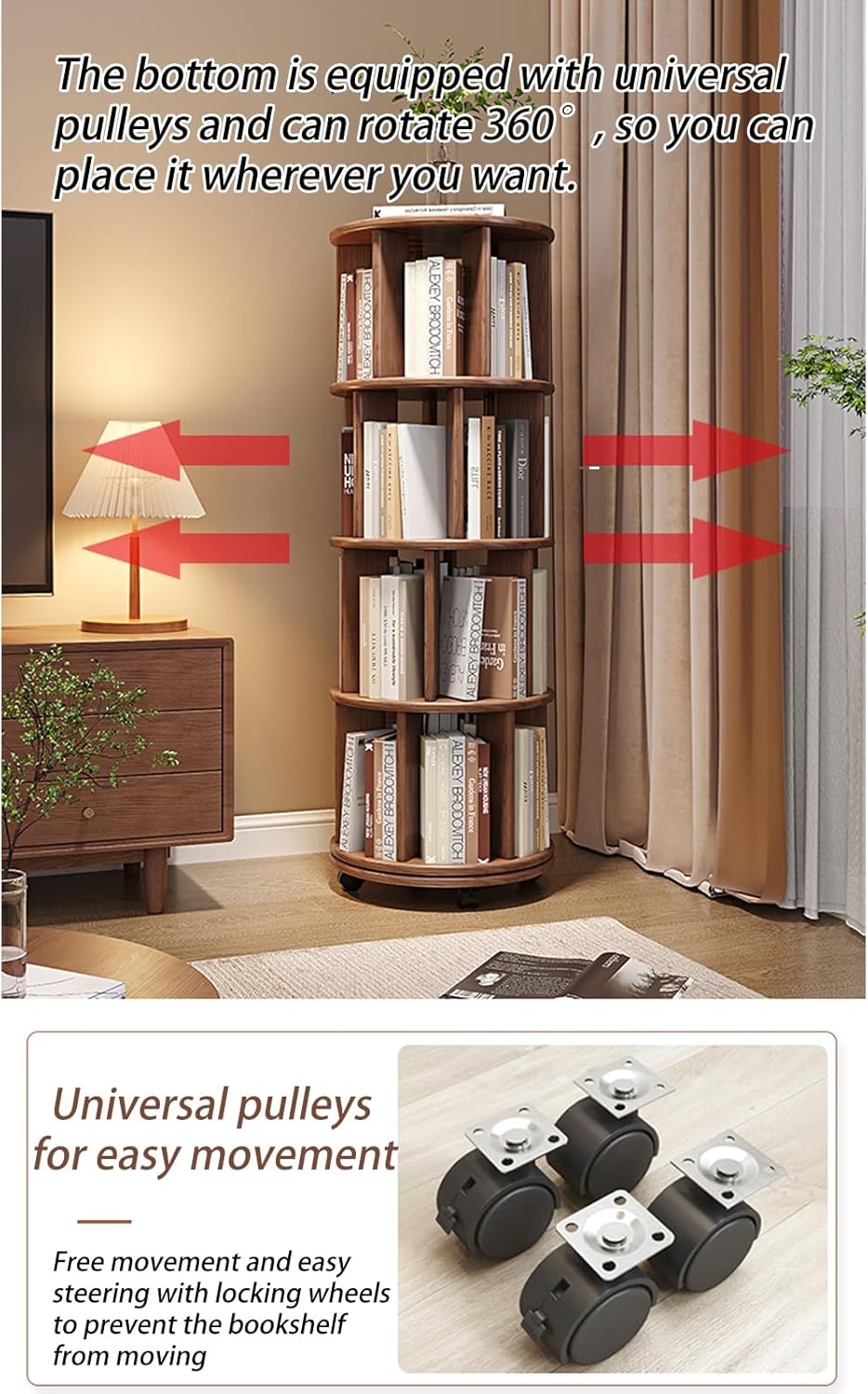 Tall Skinny Bookshelf, Bookcase on Wheels, Corner Display Shelves, Wooden Rotating Bookcase Shelves Floor Freestanding for Living Room Corner, for Home Office Decor (Color : Walnut color, Size : 6 l