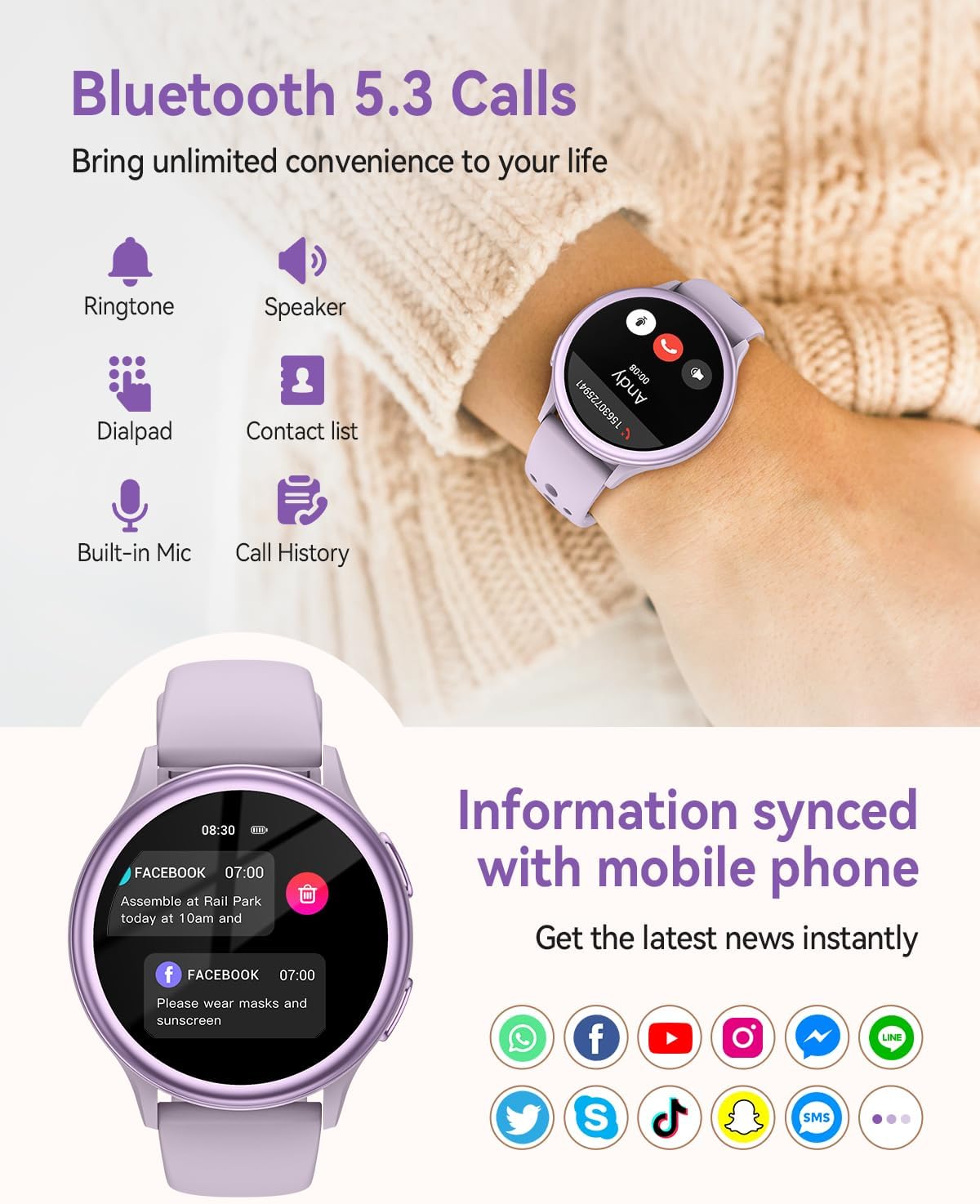 Smart Watches for Women(Answer/Make Calls), 1.27'' AMOLED Screen Activity Trackers with Heart Rate/Sleep/SpO2 Monitor, Smartwatch for iPhone/Samsung/Android,120+ Sport IP68 Fitness Watch 2Bands Purple