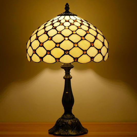 Tiffany Lamp Stained Glass Table Lamp Antique Bedside Reading Light W12H19 Inches (Cream Amber Pearl)