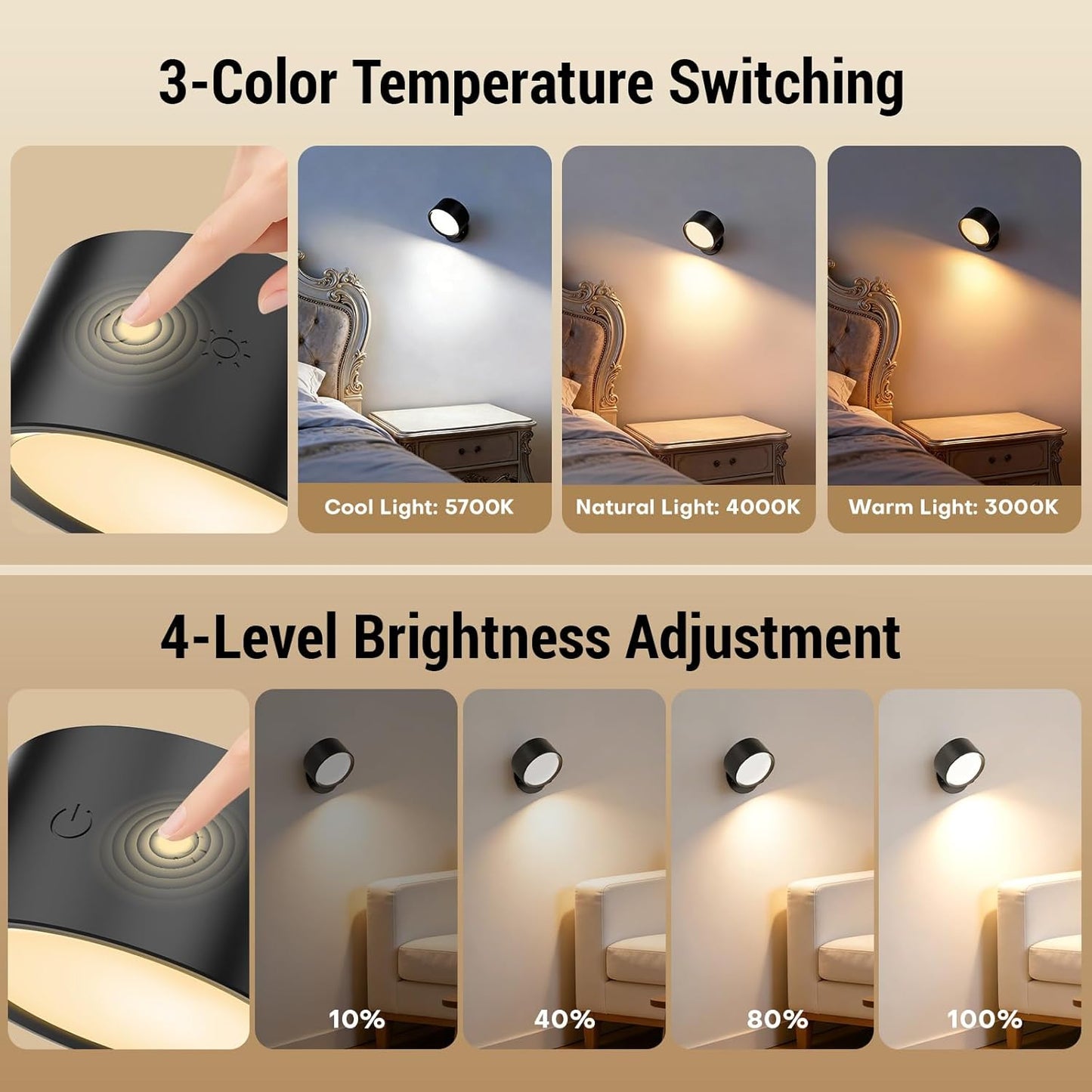 LED Wall Sconces, [160H Battery Operated Lights] Wireless Rechargeable Mounted, 3 Color & 4 Brightness Level & 360°Rotate & Touch or Remote, for Reading Bedroom (Black,Set of 2)