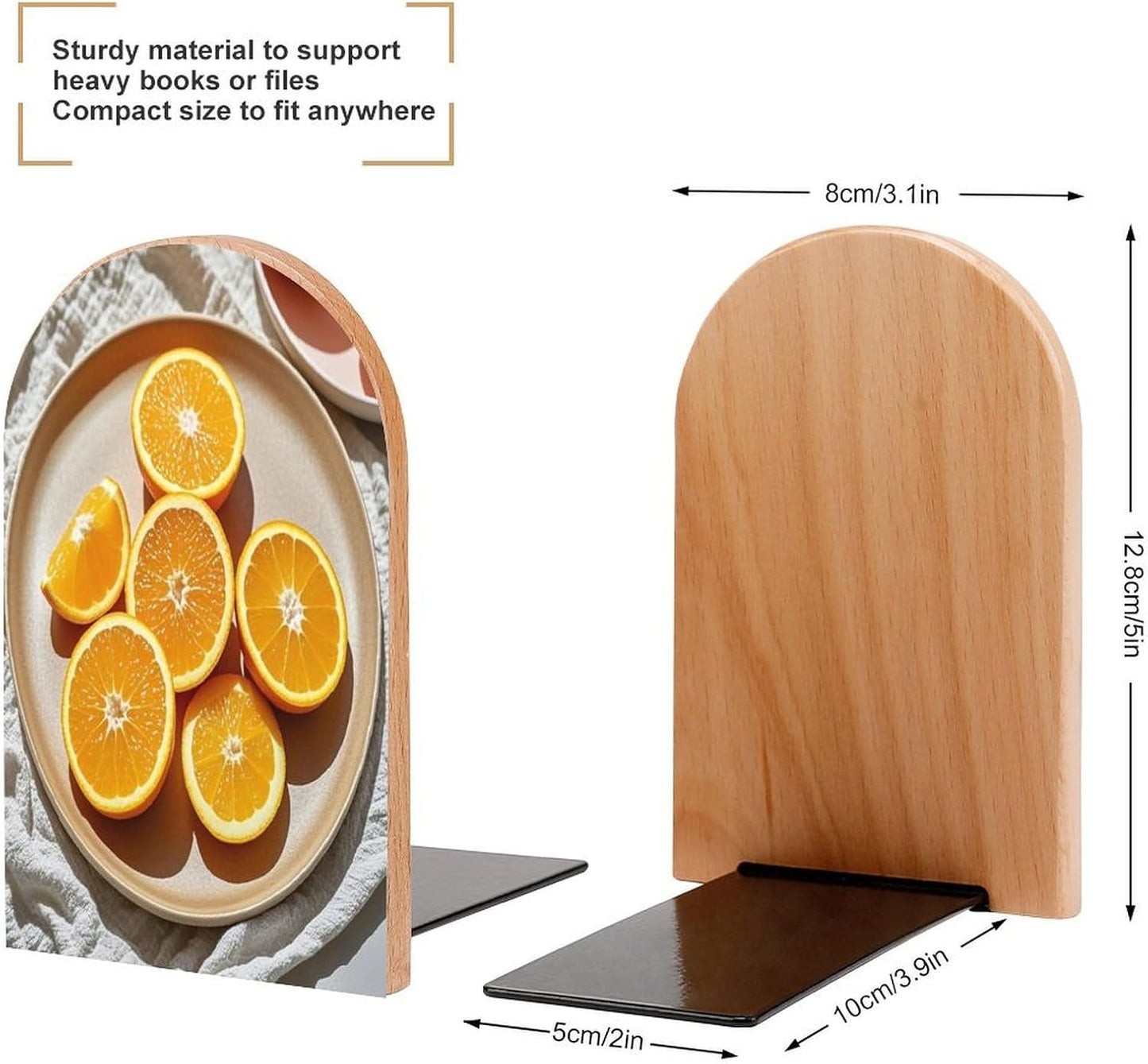 Orange Slices Bookends 1 Pair Heavy Duty Book Ends for Shelves Non-Skid Bookend Supports Wooden Book Holders with Metal Base Desk Organizers Books Storage to Hold Books