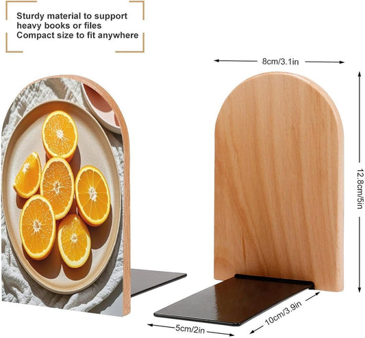 Orange Slices Bookends 1 Pair Heavy Duty Book Ends for Shelves Non-Skid Bookend Supports Wooden Book Holders with Metal Base Desk Organizers Books Storage to Hold Books