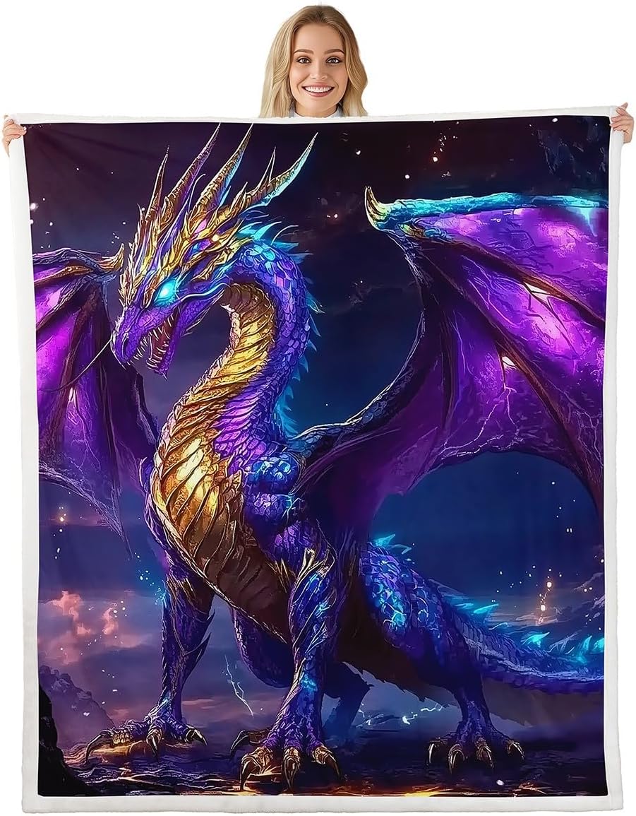 Erosebridal Dragon Throw Blanket Twin 60"X80", Magic Animal Loong Sherpa Blanket for Kids Boys Teens Bedroom Decor, Outer Space Fleece Blanket Lightning Galaxy Plush Bed Blanket, Purple