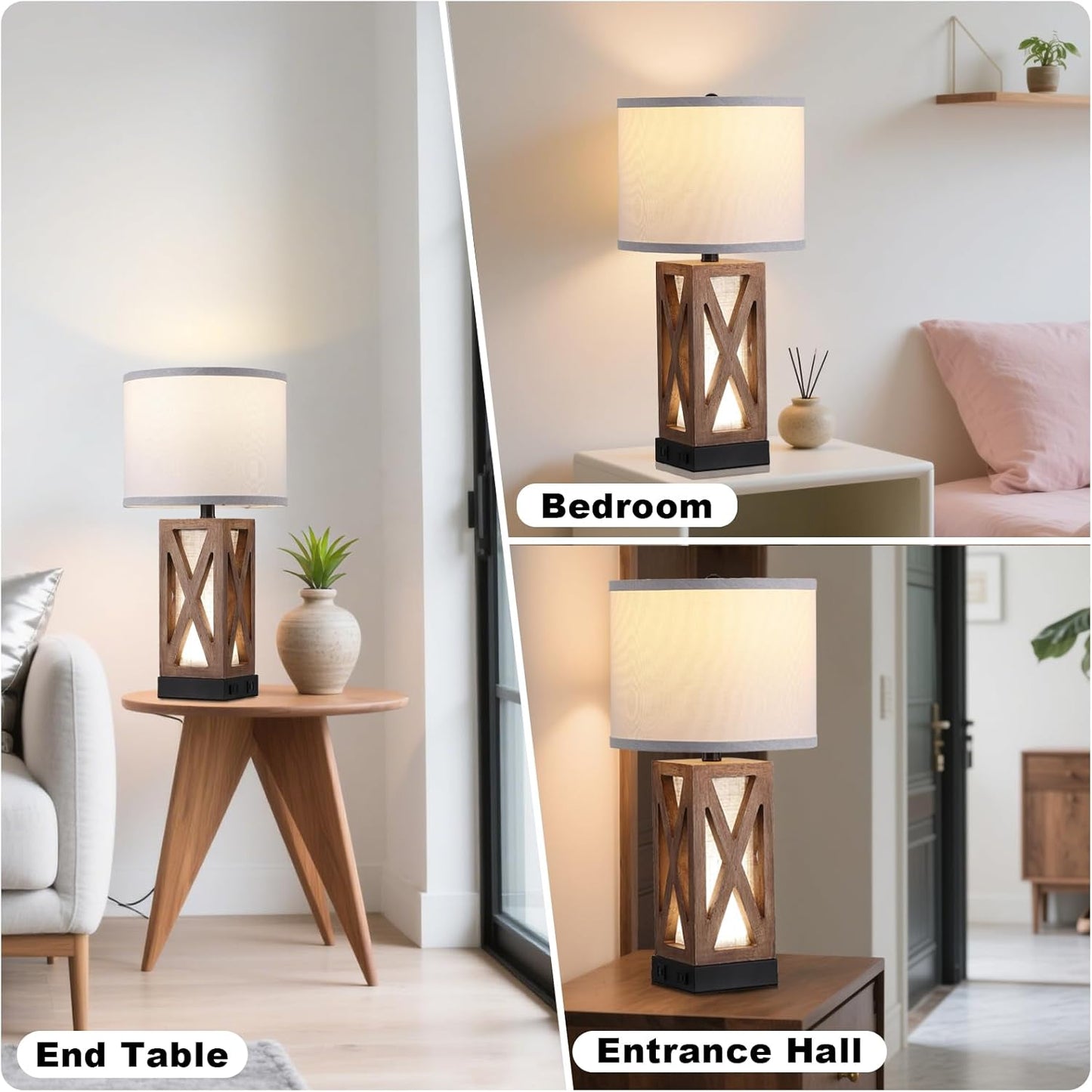 Wood Table Lamp with 3 Color Temperatures, Nightstand Table Lamp with AC Outlet, USB A & C Charging Port, Bedside Lamp for Living Room, Bedroom, Office Reading, Burlywood