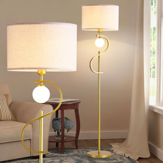 63" Vintage Gold Floor Lamp with Spherical Light, Mid-Century Modern Linen Shade Standing Lamp for for Living Room Reading House Bedroom Home (LED Bulb Included)