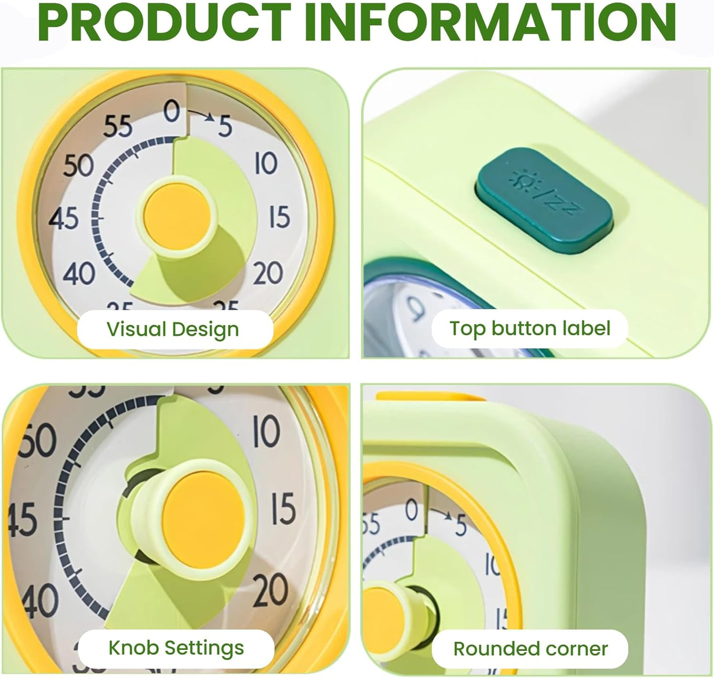 Visual Timer for Kids with Clock, 60 Minute Countdown Timer for Classroom, Home, Kitchen, Work, Dual-Screen Pomodoro Timer with Alarm Clock, Silent Time Management Tool with Night Light (Green)