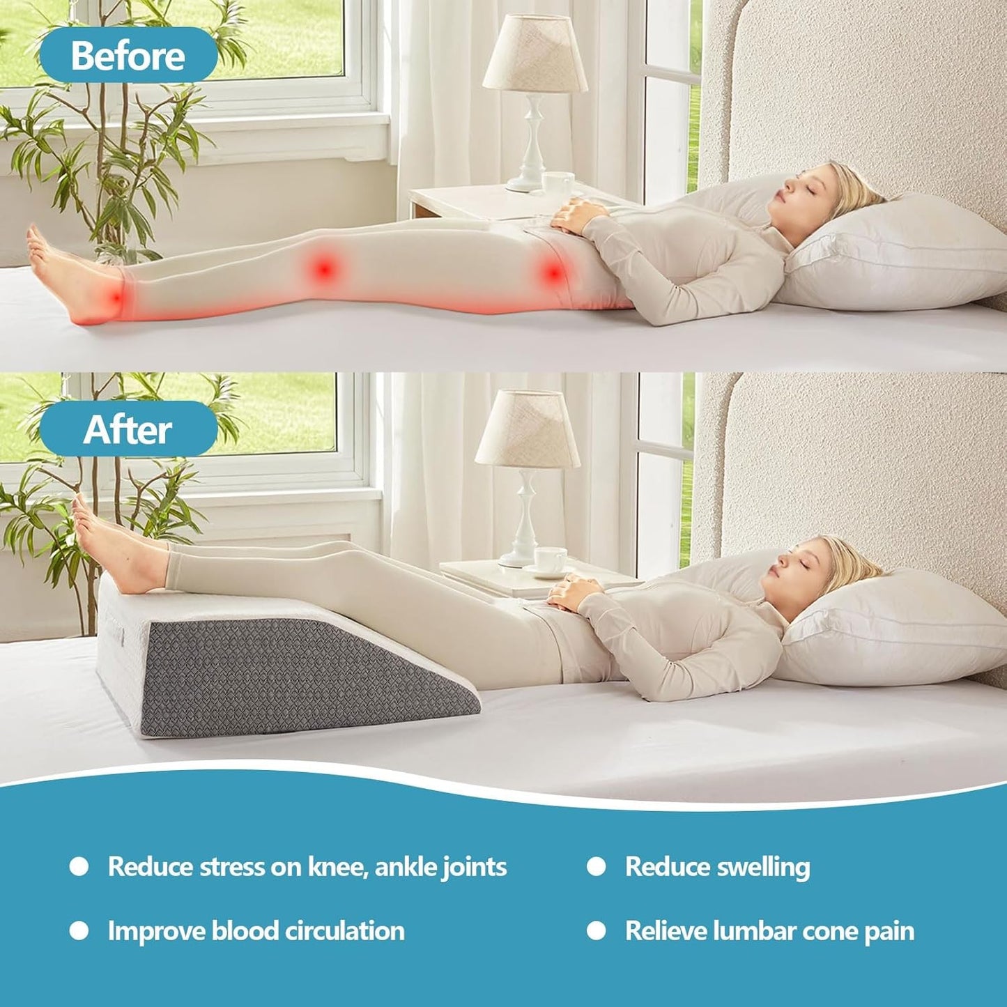 Leg Pillow for Elevation & Support, 24"x22"x8" Memory Foam Cushion with Grey White Patterned Polyester Cover, Ideal for Improving Circulation & Relaxing Leg