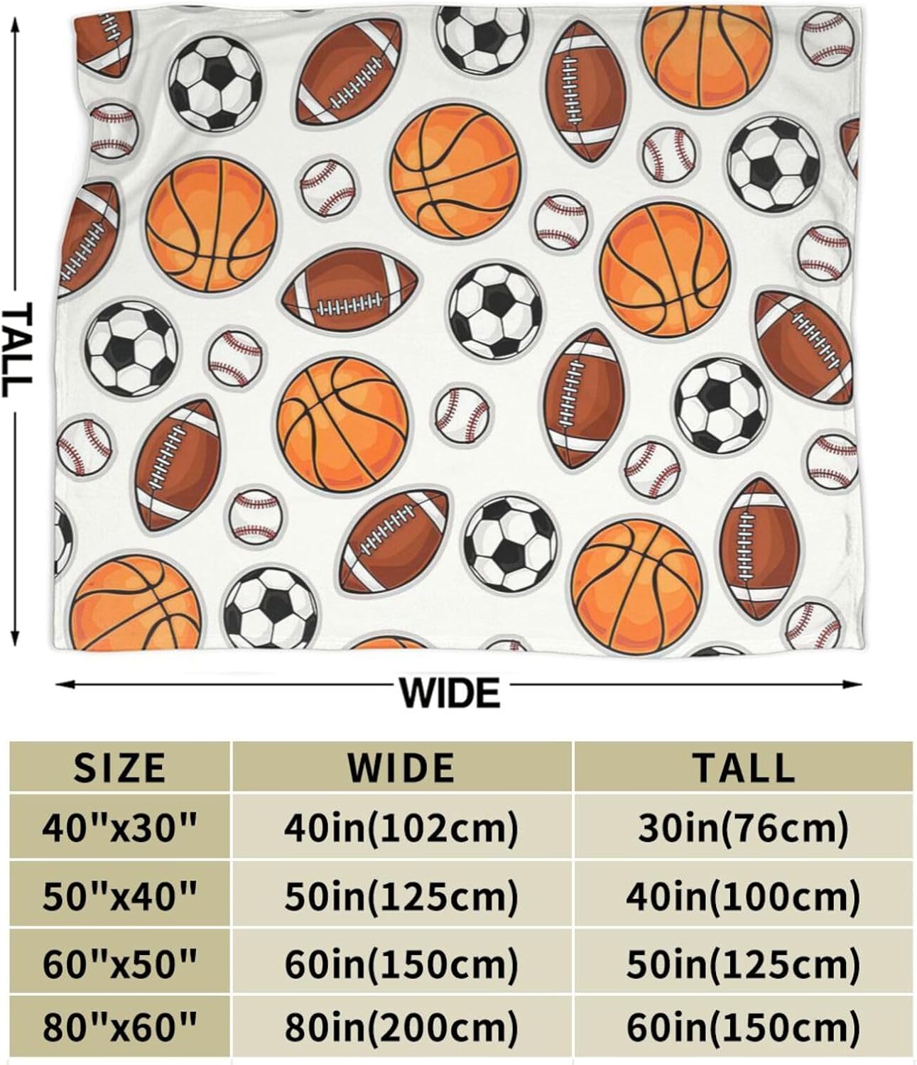 Sports Decor Ball Blanket Basketball Baseball Football Soccer Throw Blanket Warm Cozy Fleece Sports Gifts Blanket for Boys Girls Kids Teens Fans 50"X60"