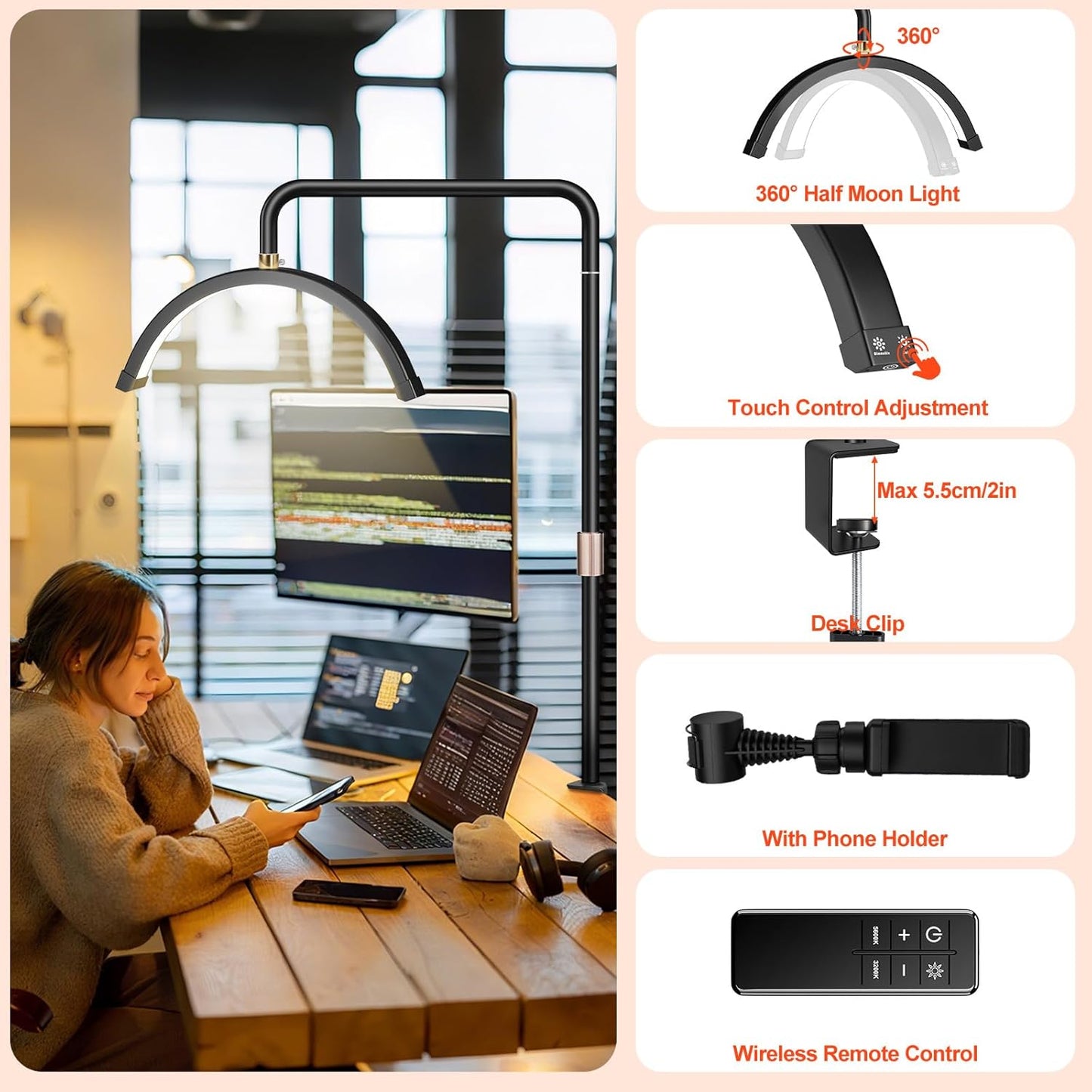 Half Moon Desk Light with Clamp, Touch Lash Lamp Nail Desk Light, Led Tattoo Light for Desk with Phone Holder, Adjustable 3 Color Lights for Lash Tech,Makeup,Photography,Reading,Work,Office (White)