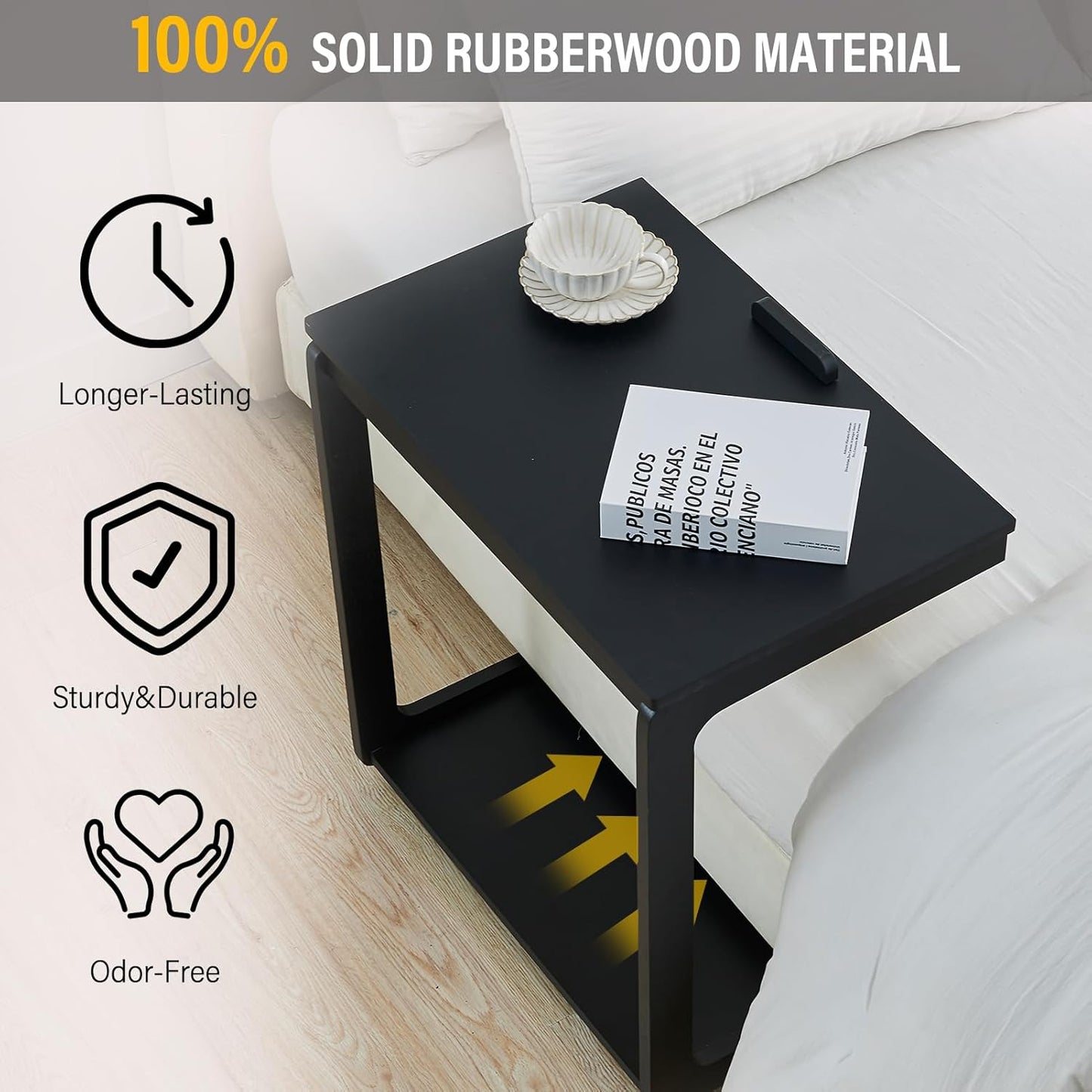 Black Side Table - C Shaped End Table for Couch, Wooden Small Black End Table for Living Room, Couch Tables That Slide Under Sofa, Rolling Side Table with Wheels for Bedroom, Sofa Tray for Laptop