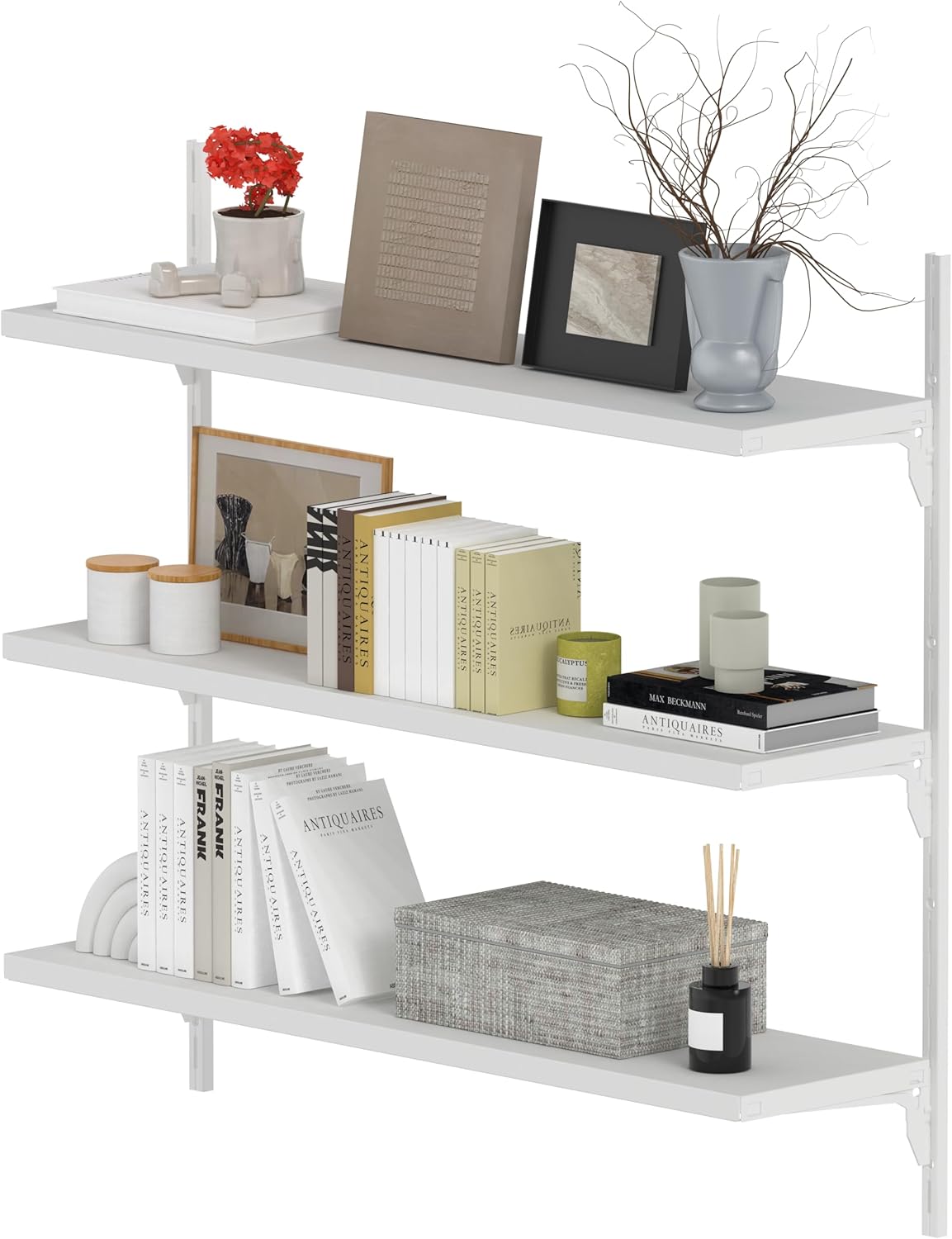 8" Deep ×32″ Long Adjustable Deep Floating Shelves for Wall 3‑Tier, Wall Mount Metal Shelf 165 LBS, Heavy Duty White Storage Rack for Garage, Kitchen, Bathroom, Bedroom, Wall Shelving Decor
