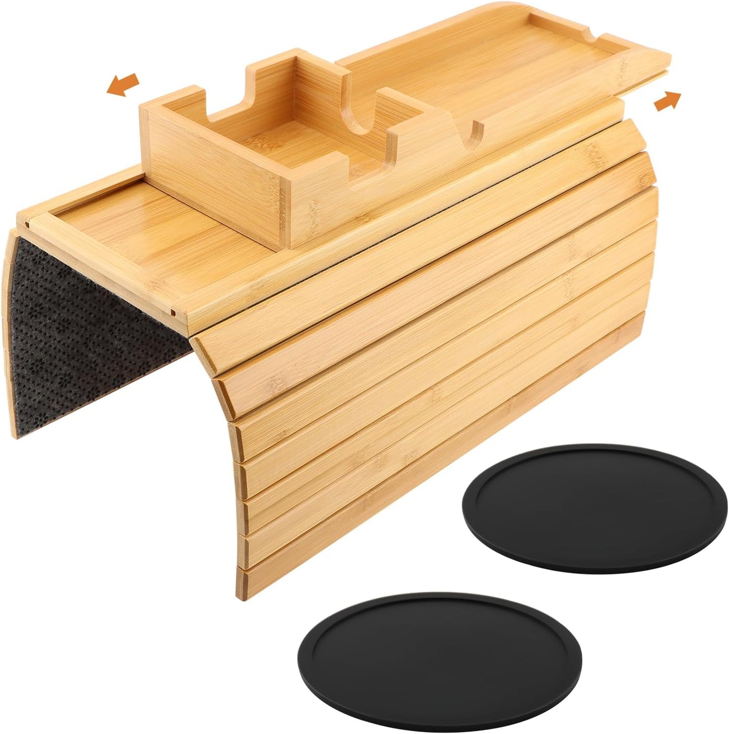Bamboo Sofa Arm Tray - 2-in-1 Detachable Couch Cup Holder & Armrest Table with Anti-Slip Pad, Foldable Bamboo Tray for Drinks, Snacks, Phones, and Remote Controls
