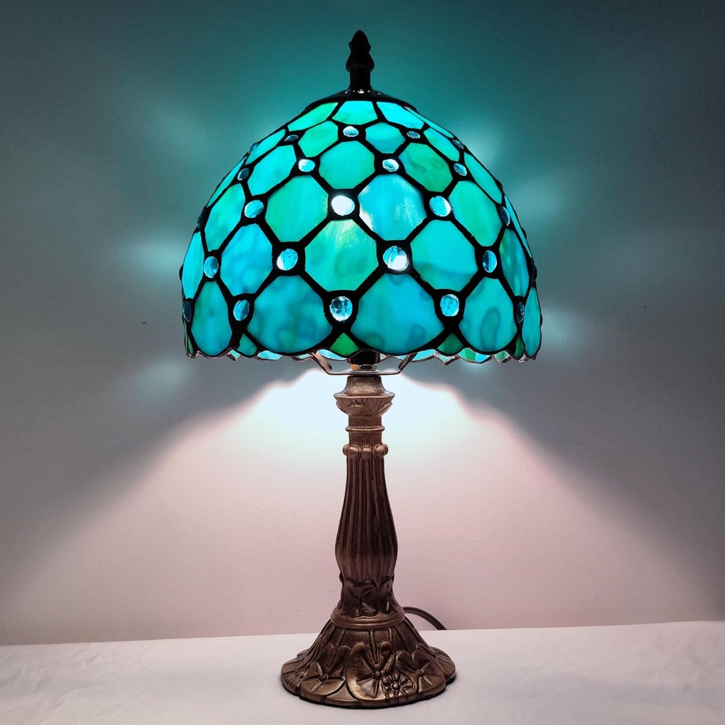 Small Tiffany Table Lamp 8 Inch Tiffany Style Desk Lamp Stained Glass Antique Light Bedroom Bedside Lamp Retro Reading Lamps (Green Pearls Style)