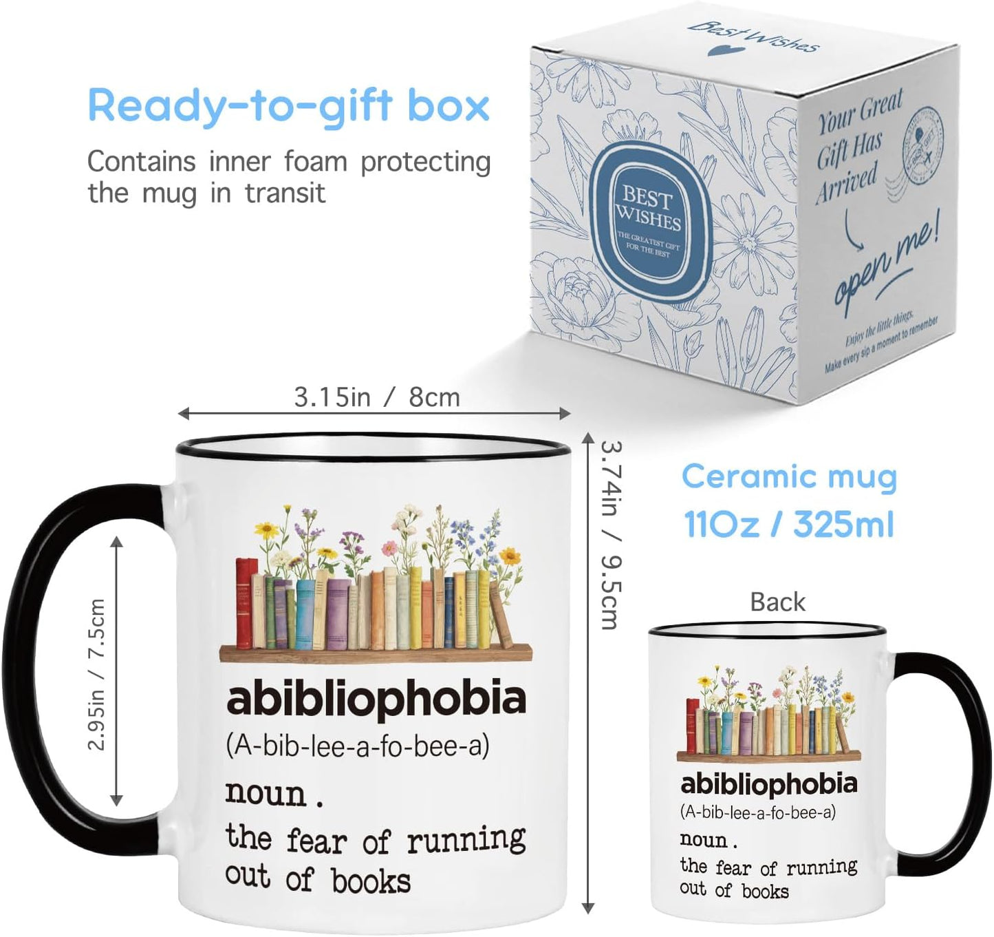Abibliophobia Definition Coffee Mug Book Lover Gifts for Women Men Friends Librarian Bookworm, Reading Themed Coffee Mugs 11oz, Book Clubs Gifts for Christmas Birthday