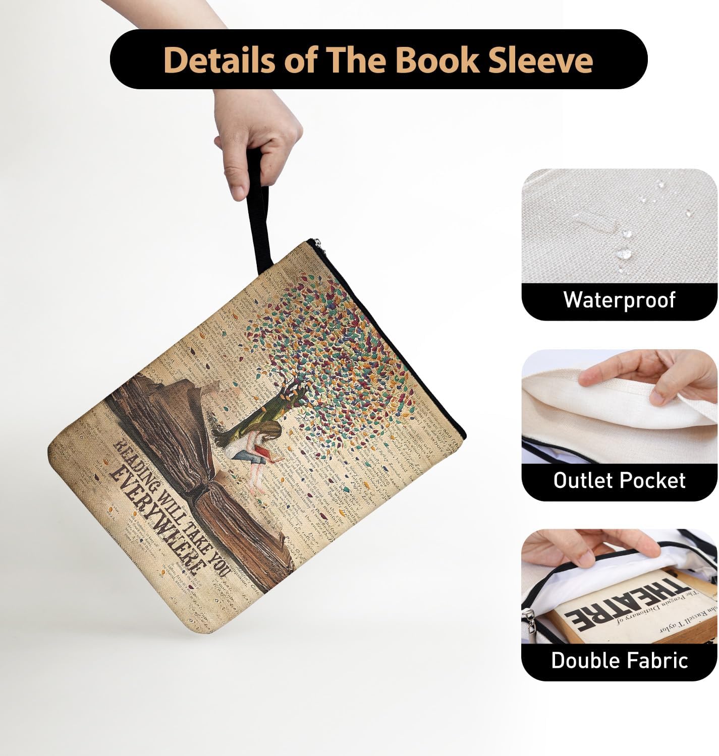 Reading Will Take You Everywhere Book Sleeve for Girls - Book Club Gifts Waterproof Book Cover | Vintage Travel Inspired Gifts for Book Lovers (Zipper Pocket)