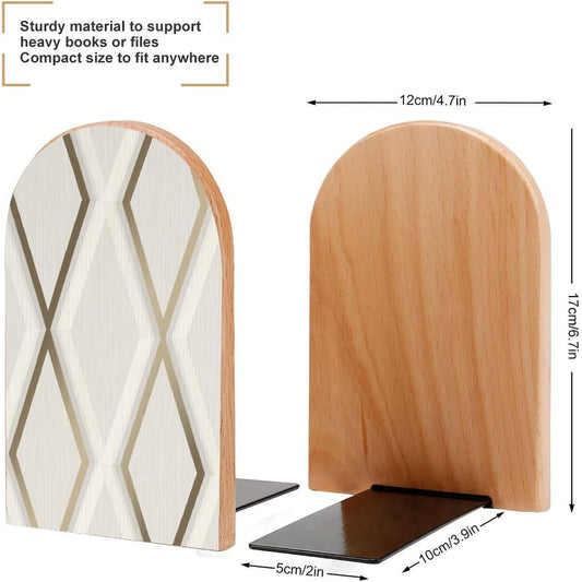 Profile Geometric Ivory Gold Wooden Bookend Non-Slip Book Ends Heavy Duty Book Stopper with Metal Base Books Holderd Decorative Bookends Stands Firmly for Office Supplies