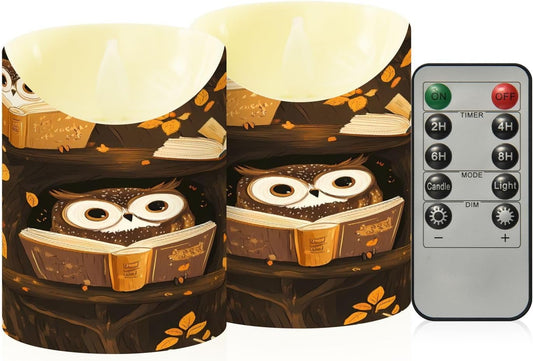 ALAZA Owl Reading Pattern Flameless Candles with Remote Timer,LED Flickering Battery Operated Electric Pillar Tea Light Candles for Wedding Table Christmas Decorations 3" x3.9"