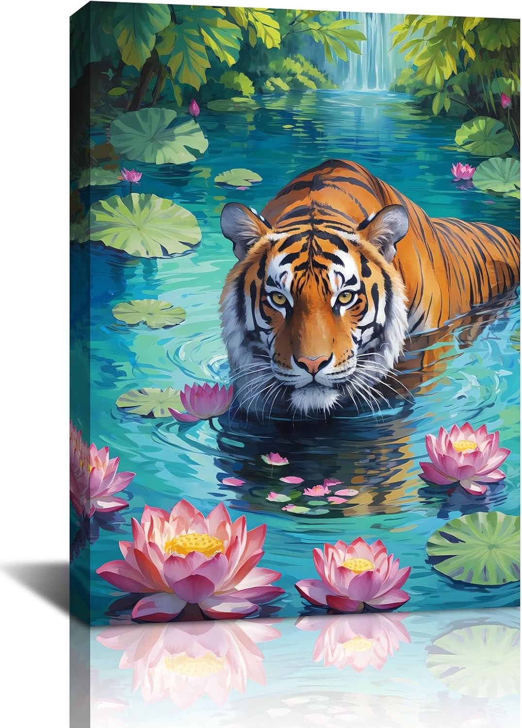 Framed Tiger Bathroom Decor Wall Art,Framed Tiger Bathroom Wall Art 12x16 Inch - Lotus Floral Animal Canvas Print, Jungle Theme Decor for Living Room & Bedroom, Asian Style Painting