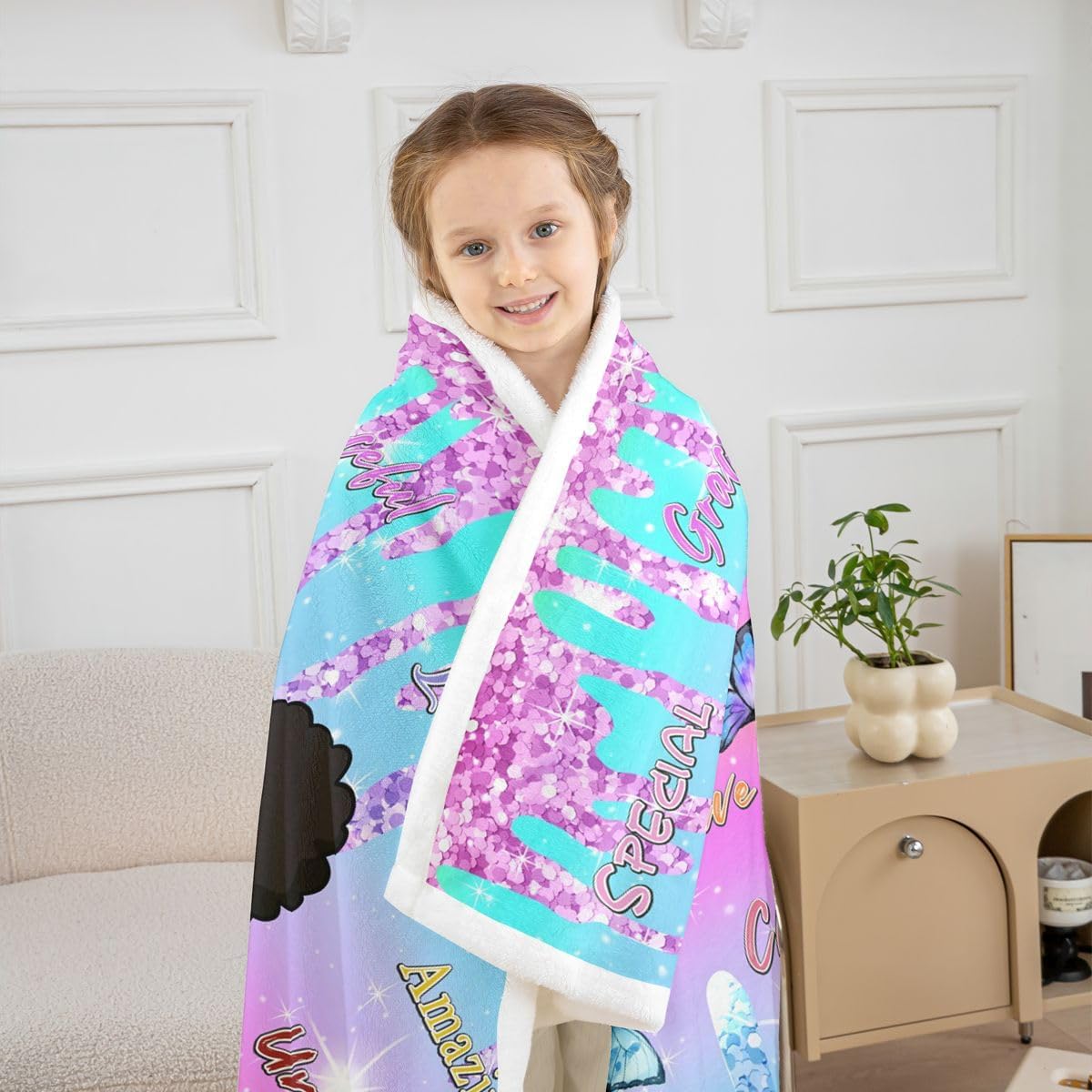 Feelyou Afro Cartoon Girl Sherpa Throw Blanket for Couch Rainbow Super Soft Cozy Fleece Pastel Gradient Blanket for Winter, Plush Throw Butterfly Princess African Woman Queen 90"x90" All Season