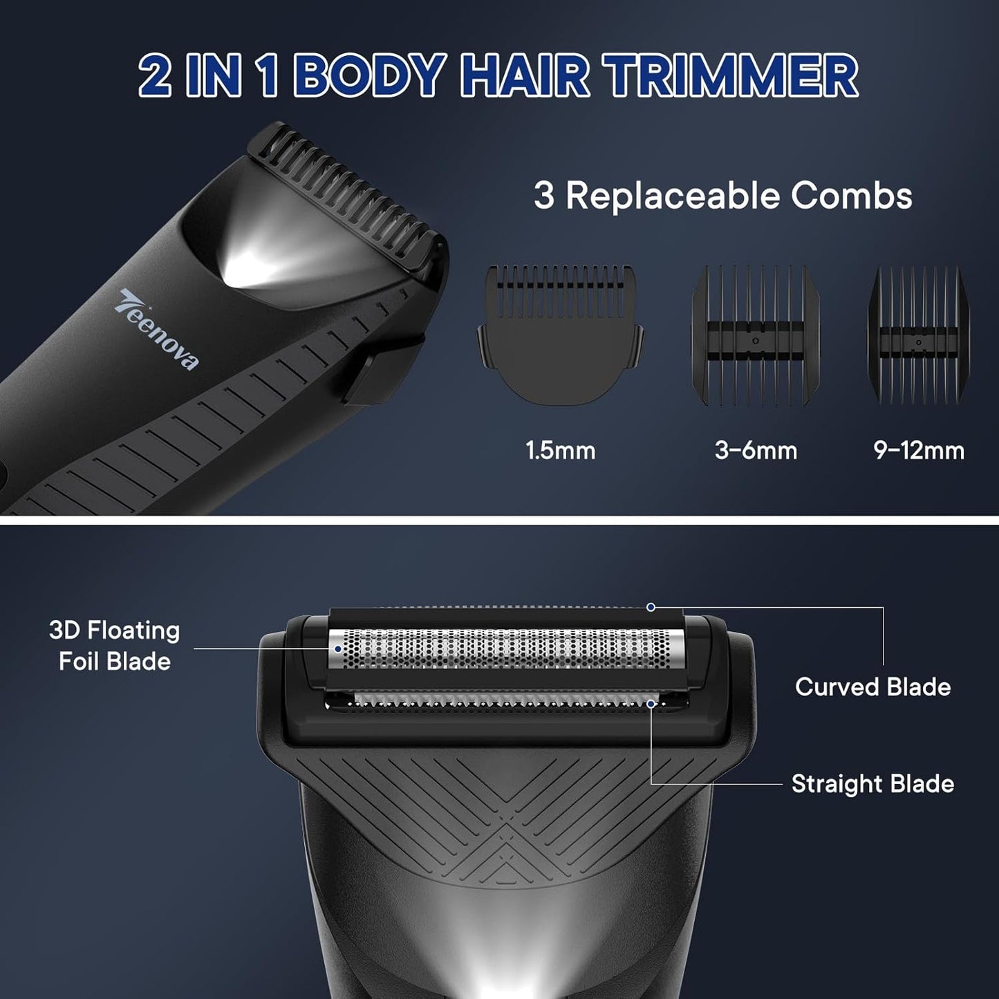 Pubic & Body Hair Trimmer for Men, 2 In 1 Electric Ball Groin Razor Shaver with Ceramic Blade, No Nick Mens Grooming Kit for Wet/Dry Use, Cordless Charging Body Groomer with Led Display, Black