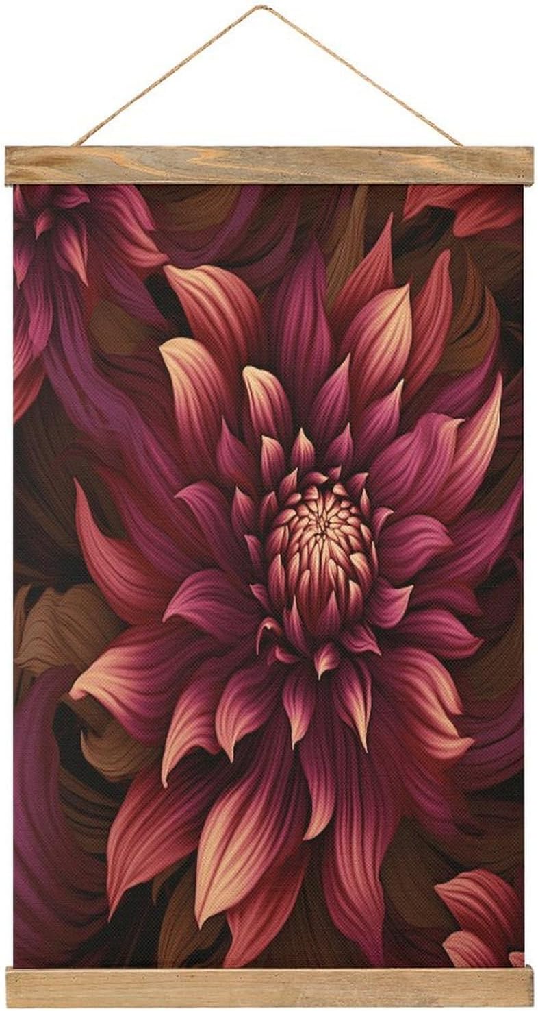 Vintage Wine Red Artistic Flower Poster with Wooden Frame Personalized Linen Hanging Scroll Painting Rustic Wall Hanging Illustrative Modern Artwork Decor for Home Living Room Bedroom Office