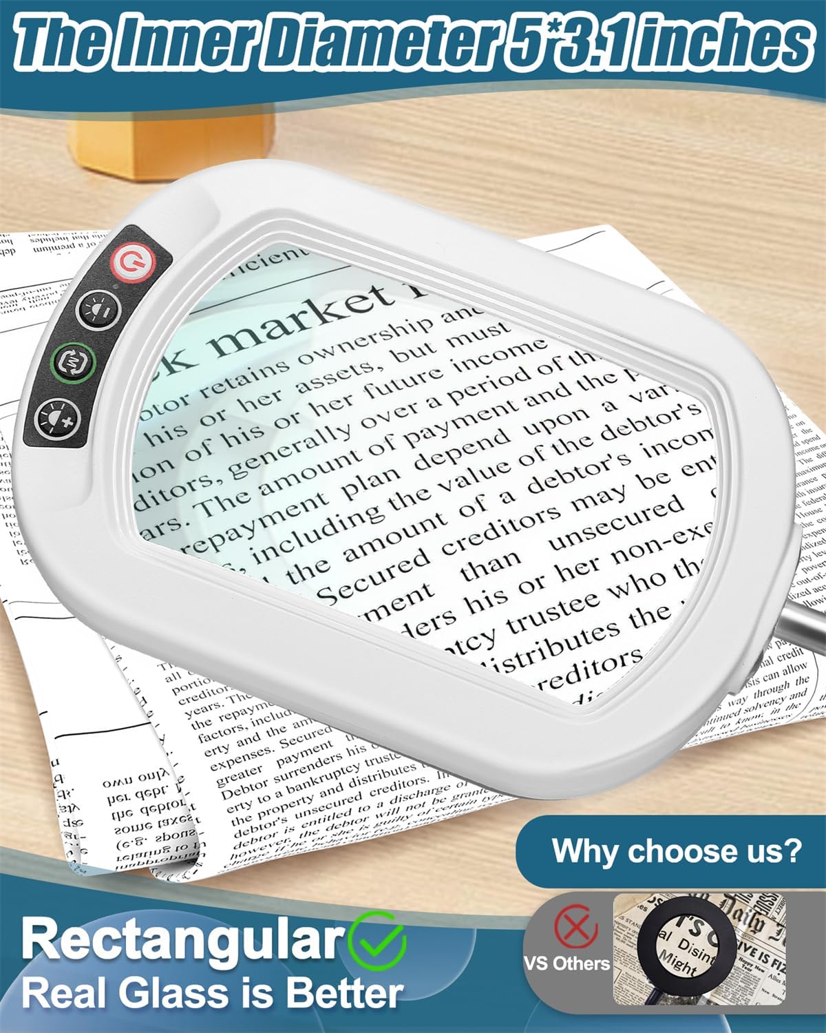12X Rectangle Magnifying Glass with Light and stand, 2*16 Inch Swivel Arm LED Lighted Clamp Desk Lamp, 5 Color Modes Stepless Dimmable, Large Magnifier with Light for Reading Painting Close Work White