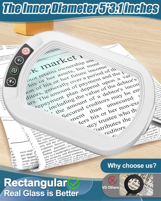 12X Rectangle Magnifying Glass with Light and stand, 2*16 Inch Swivel Arm LED Lighted Clamp Desk Lamp, 5 Color Modes Stepless Dimmable, Large Magnifier with Light for Reading Painting Close Work White