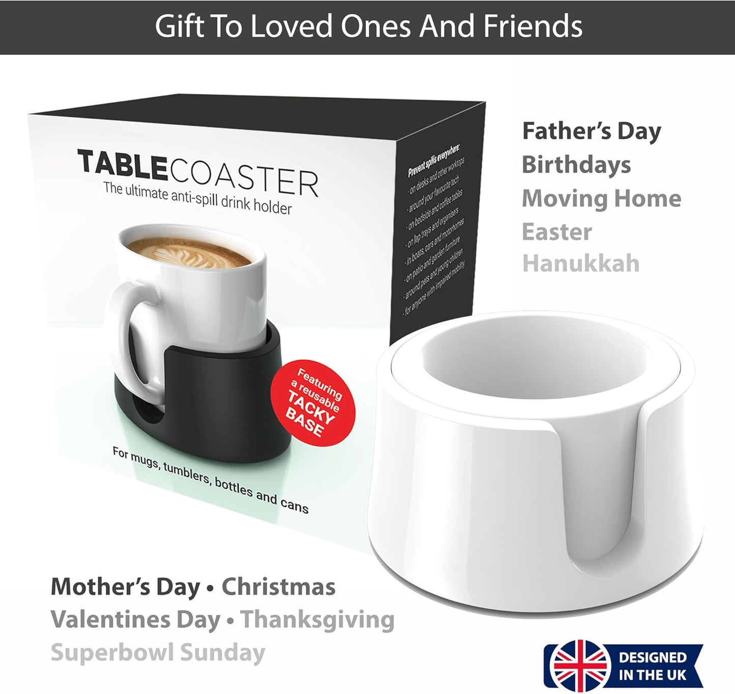 HIT PRODUCTS TableCoaster - Original Anti-Spill Table and Desk Cup Holder, Glacier White - RV and Boat Drink Holder, A Tip-Proof Coaster with Tacky Base and Walled Profile to Prevent Spilled Drinks