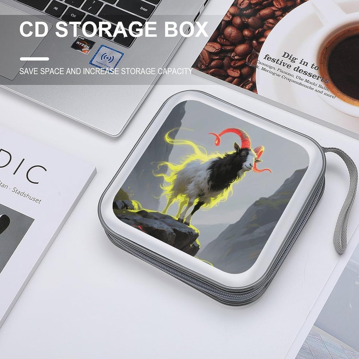 Standing Glowing Goat CD Case Portable Zipper CD Case 40 Capacity Hard Plastic DVD Cases Holder Large Storage Disc Wallet Bag for Car Home Travel DVD Collection Bag