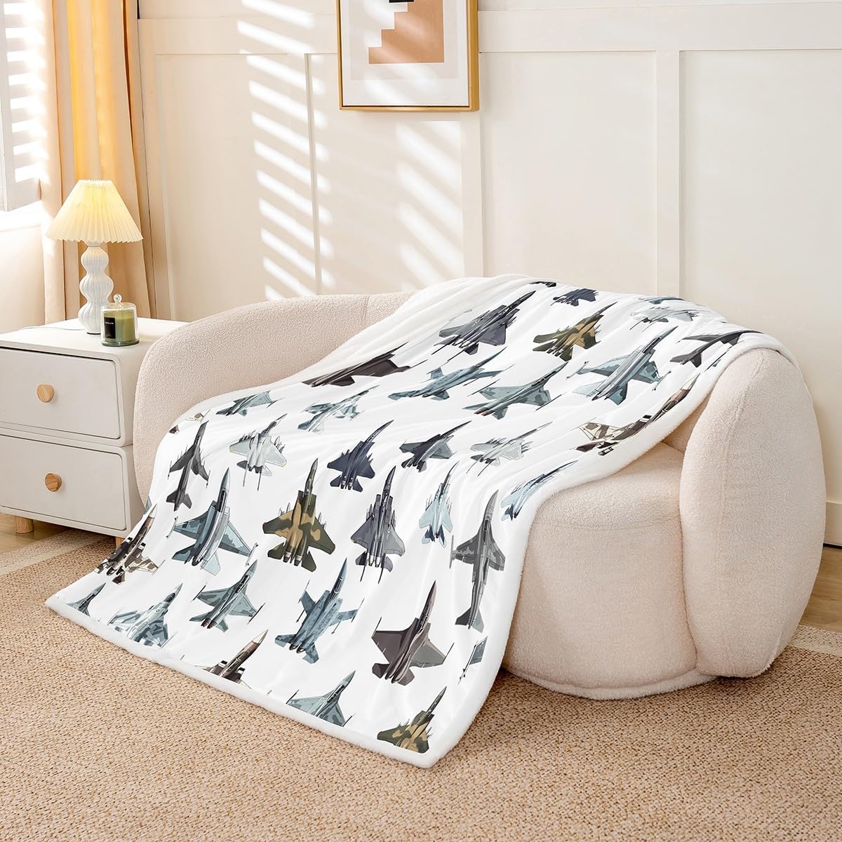 Erosebridal Fighter Aircraft Blanket for Kids Boys, Camouflage Military Jet Print Throw Blanket for Youth Men, Army Fighter Jet Fleece Blanket, Modern Flying Airplane Plush Blanket, Baby Size