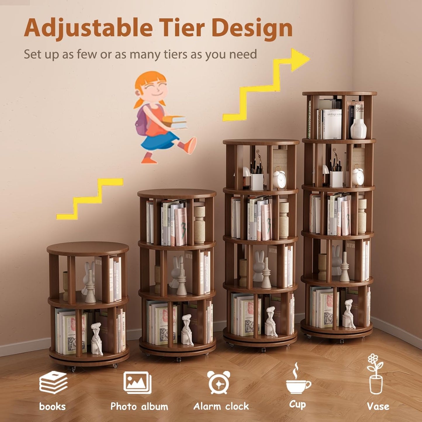 Solid Wood Rotating Bookshelf on Wheels, 5 Tier, Round Revolving Bookcase, 360° Spinning Book Shelf Tower for Kids, Narrow Rolling Bookshelves for Small Space, Corner, Bedroom, Office, Walnut