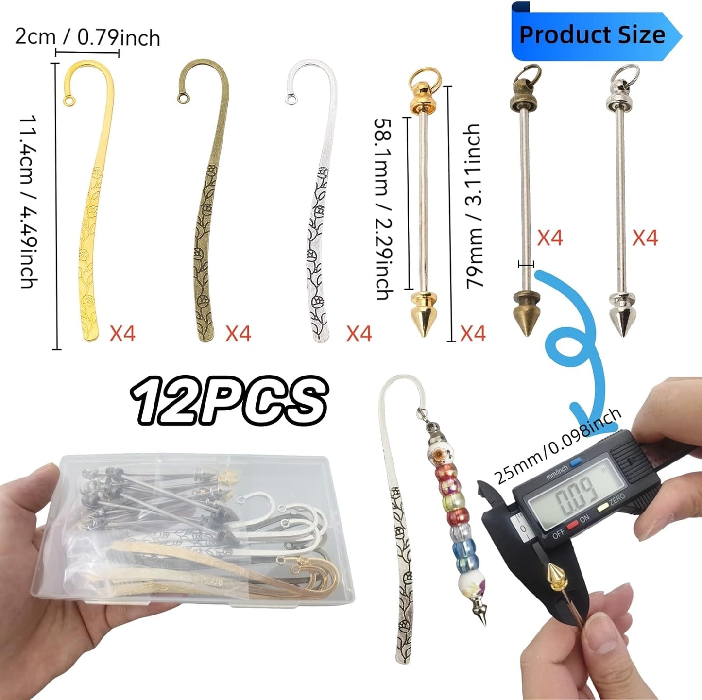 12 Pcs Beadable Bookmarks DIY Metal Blank Bar Bookmark for Beads Metal Bookmark Hairpin Hook Carved Antique Vintage Bookmarks Gift for Book Lovers Student Teacher Office Supplies