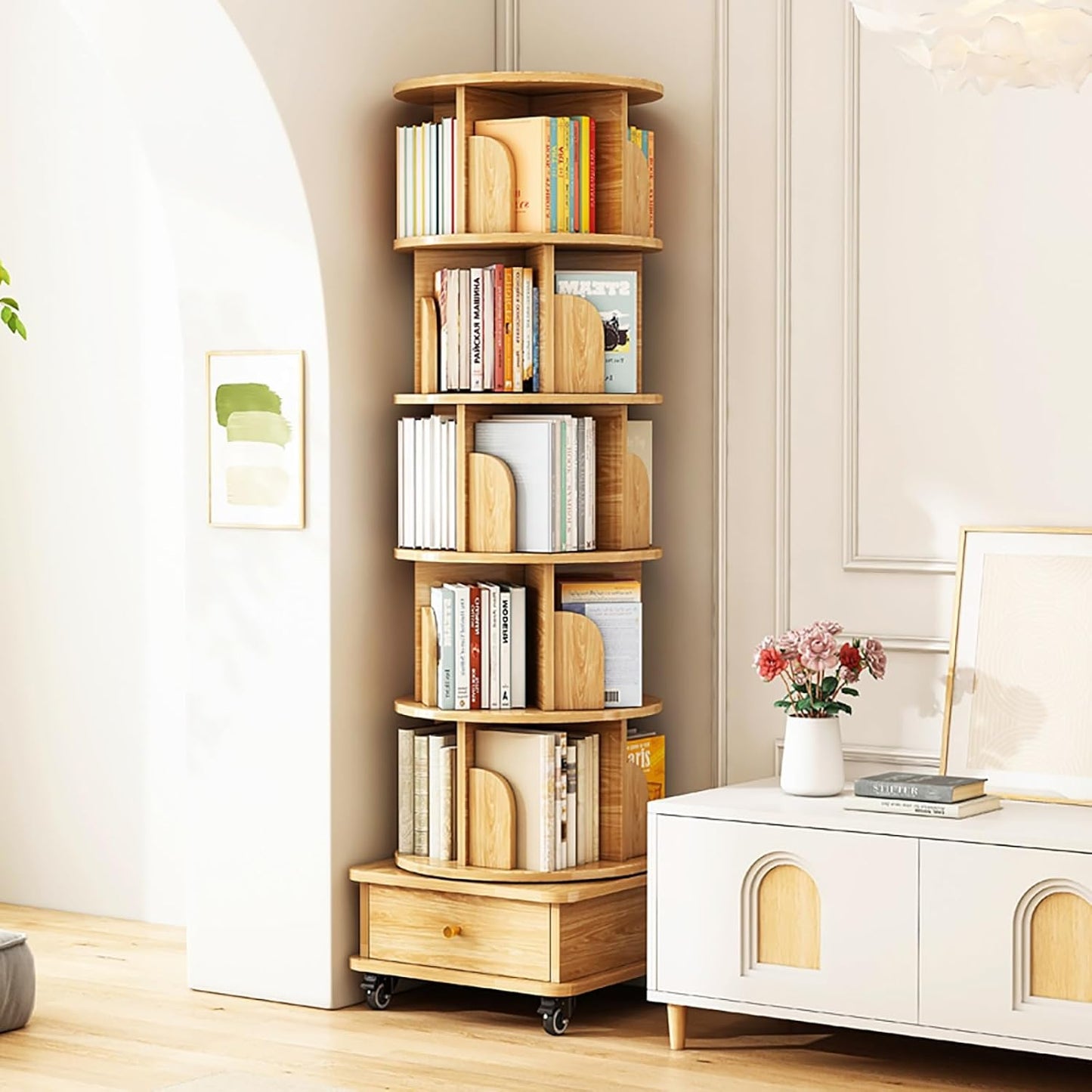 Mobile Bookshelf with Wheels and Drawers 5 Tier Wooden Bookcase Corner Tall Book Shelf Modern Wooden Rotating Bookcase Shelves Floor Freestanding for Living Room Corner Easy Assemble (Color : Wood co
