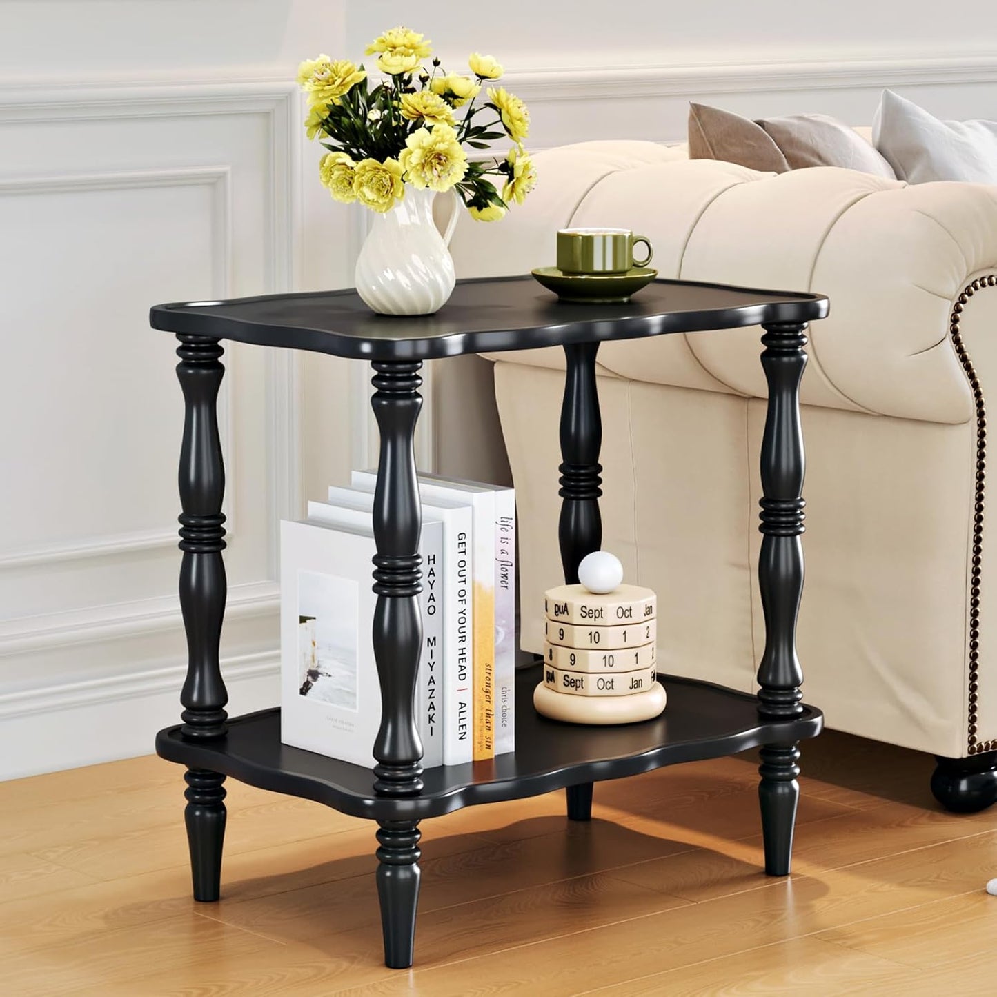 Uniclinens Solid Wood End Side Table - Small Wooden Nightstand for Living Room Bedroom, Black