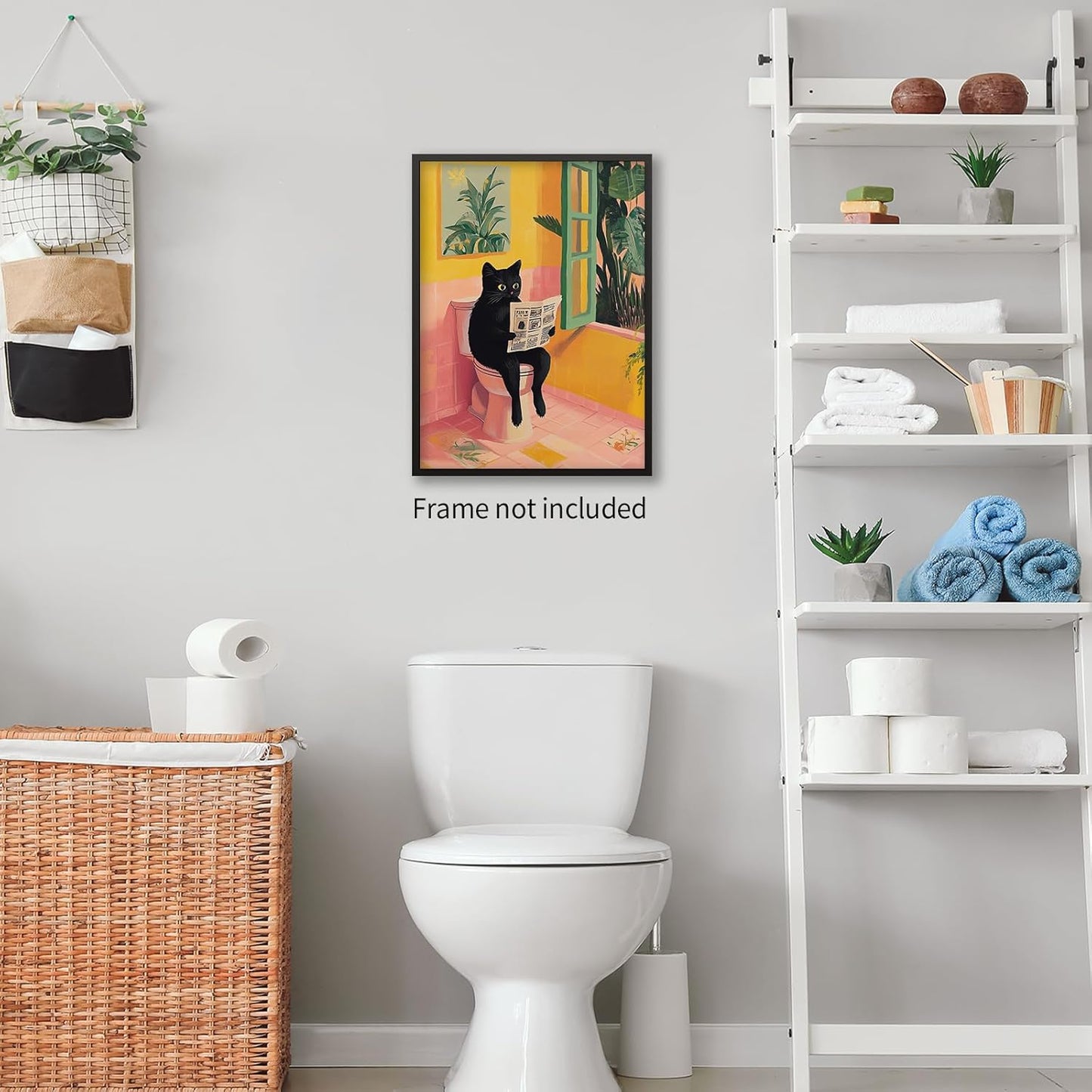 Jefuzh Black Cat Bathroom Wall Art Cat Sitting on Toilet Reading Newspaper Posters Funny Animal Pictures Prints for Toilet Showering Bath Wall Decor （12 x 16 inches Unframed）