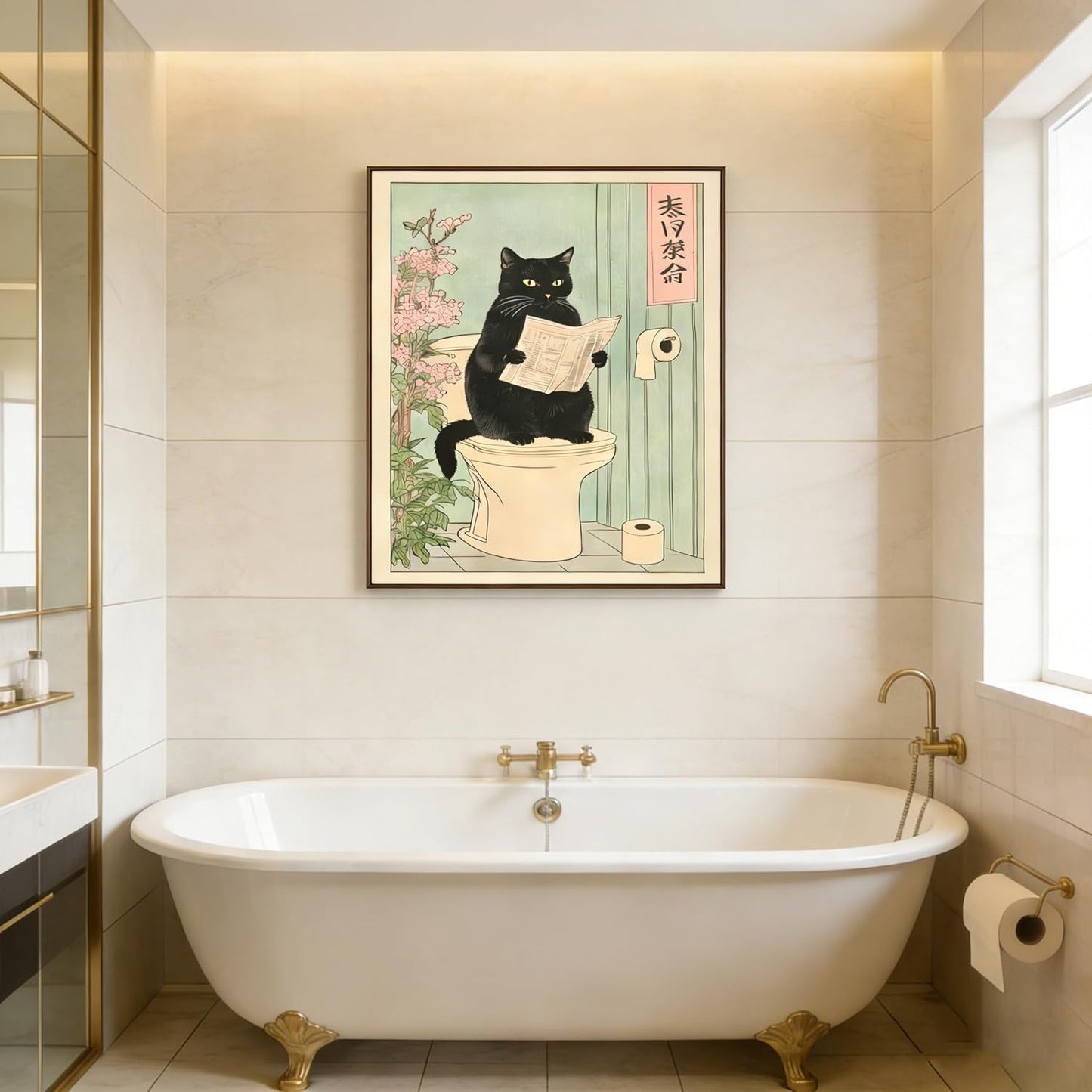 Paivovi Framed Japanese black cat on toilet Canvas Wall Art Funny bathroom print Toilet poster Japanese Cat Wall Decor Pictures Aesthetic Minimalism Artwork Neutral Painting Home Decoration,12x16in