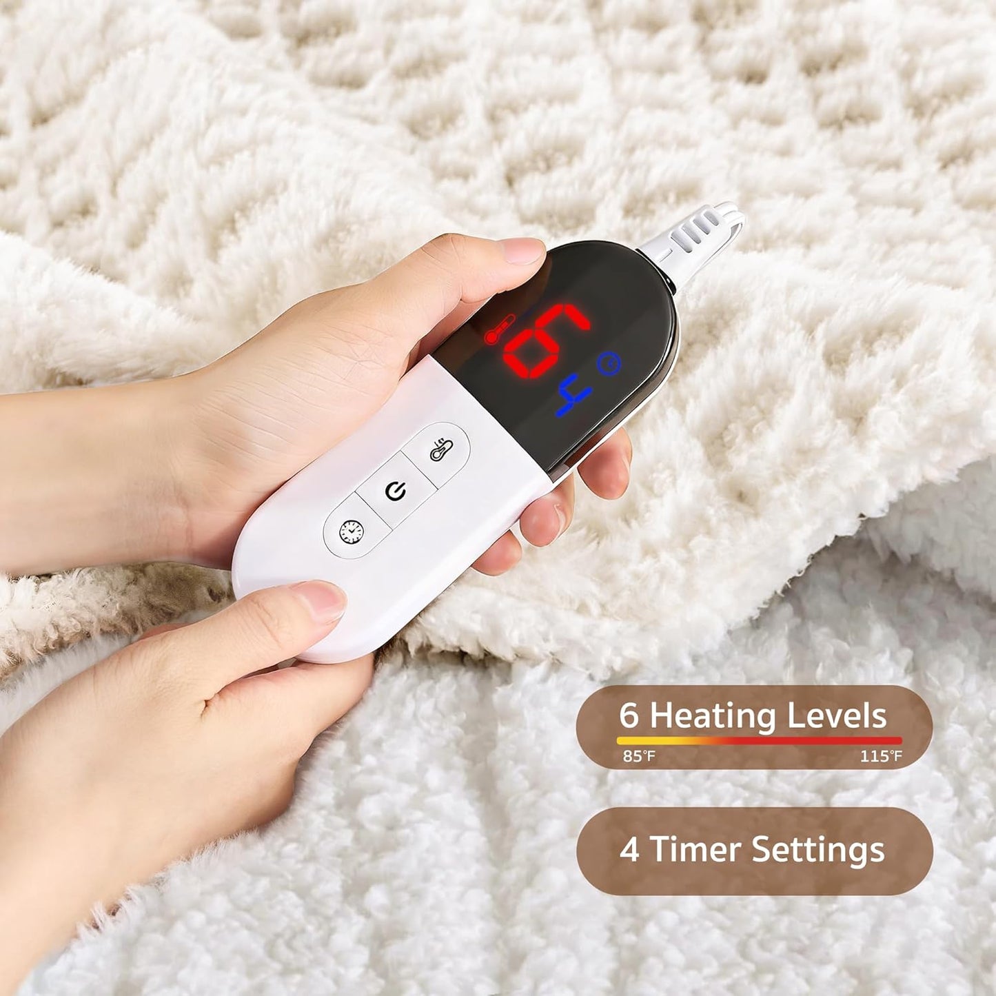 Waffle Heated Throw Blanket 50"x60" – Electric Blanket with 6 Heat Levels & 4 Timer Settings, Ultra-Soft Faux Fur & Sherpa, ETL Certified, Machine Washable, Ideal Gift for Women (Ivory/Cream)