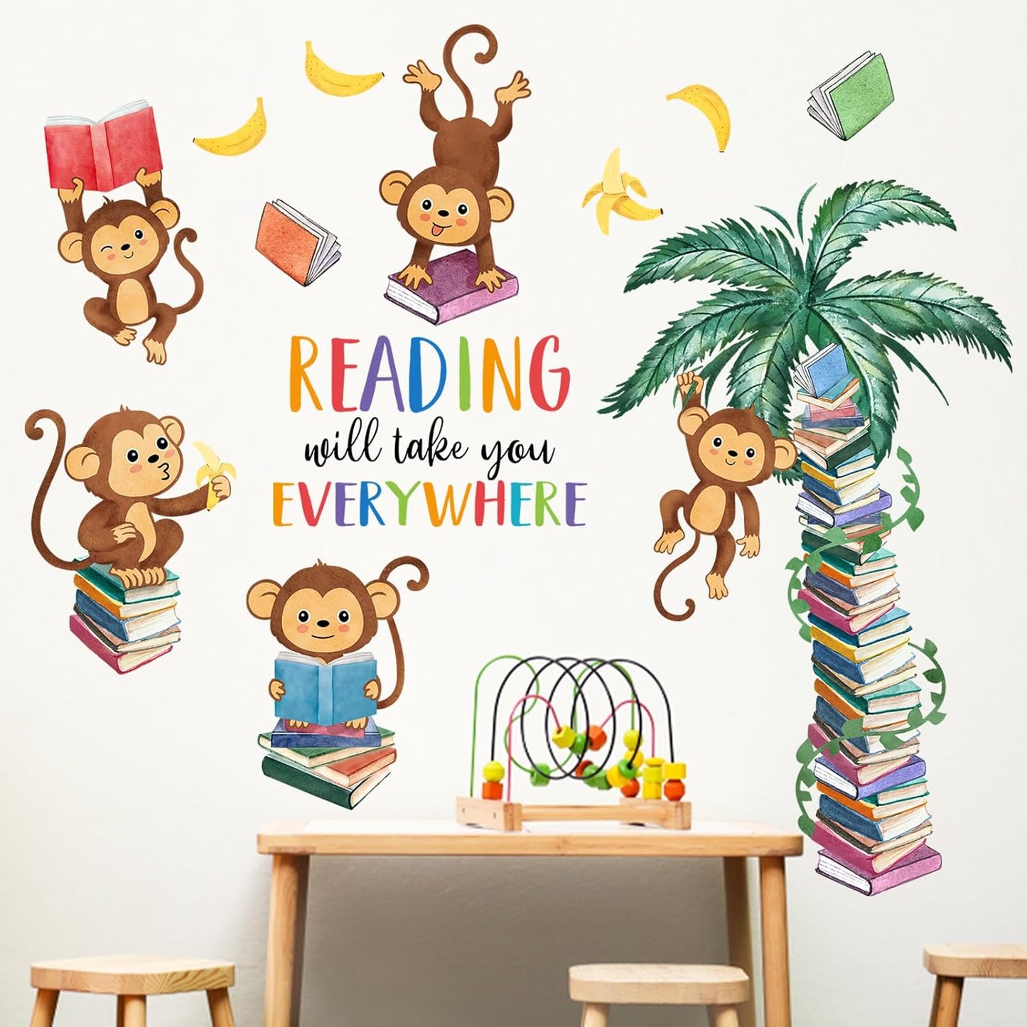 Mfault Monkey Reading Book Wall Decals Stickers, Reading Will Take You Everywhere Nursery Classroom Decorations Bedroom Art, Jungle Animal Inspirational Neutral Toddlers Kids Room Reading Corner Decor