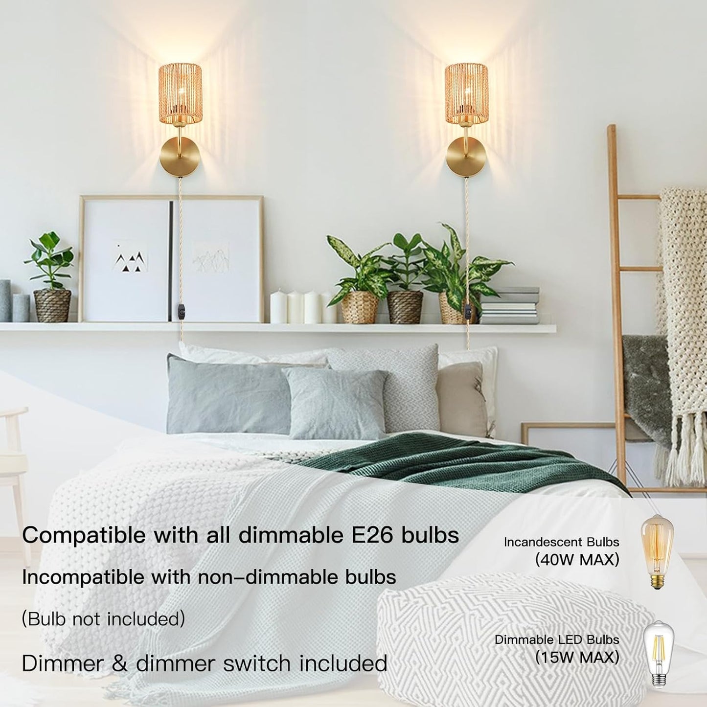 Wall Sconce Light Plug In Set of 2, Stepless Brightness Hand Woven Rattan Wall Light with Dimmable ON/OFF Cord Switch, Gold Brass Metal Wall Mounted Light, Boho Lamp for Bedside Bedroom Living Room