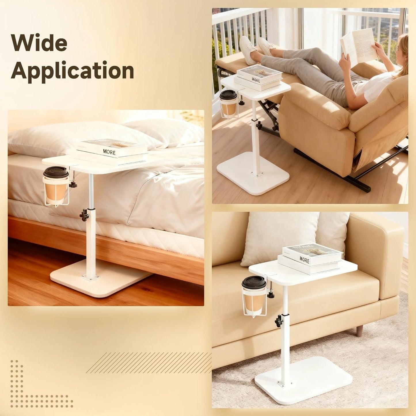 360° Swivel C Shaped Side Table with Cup Holder, Adjustable Height Sofa Tray Table for Couch or Bed, Sliding Under Sofa Snack & Laptop Side Table for Small Spaces, White End Table