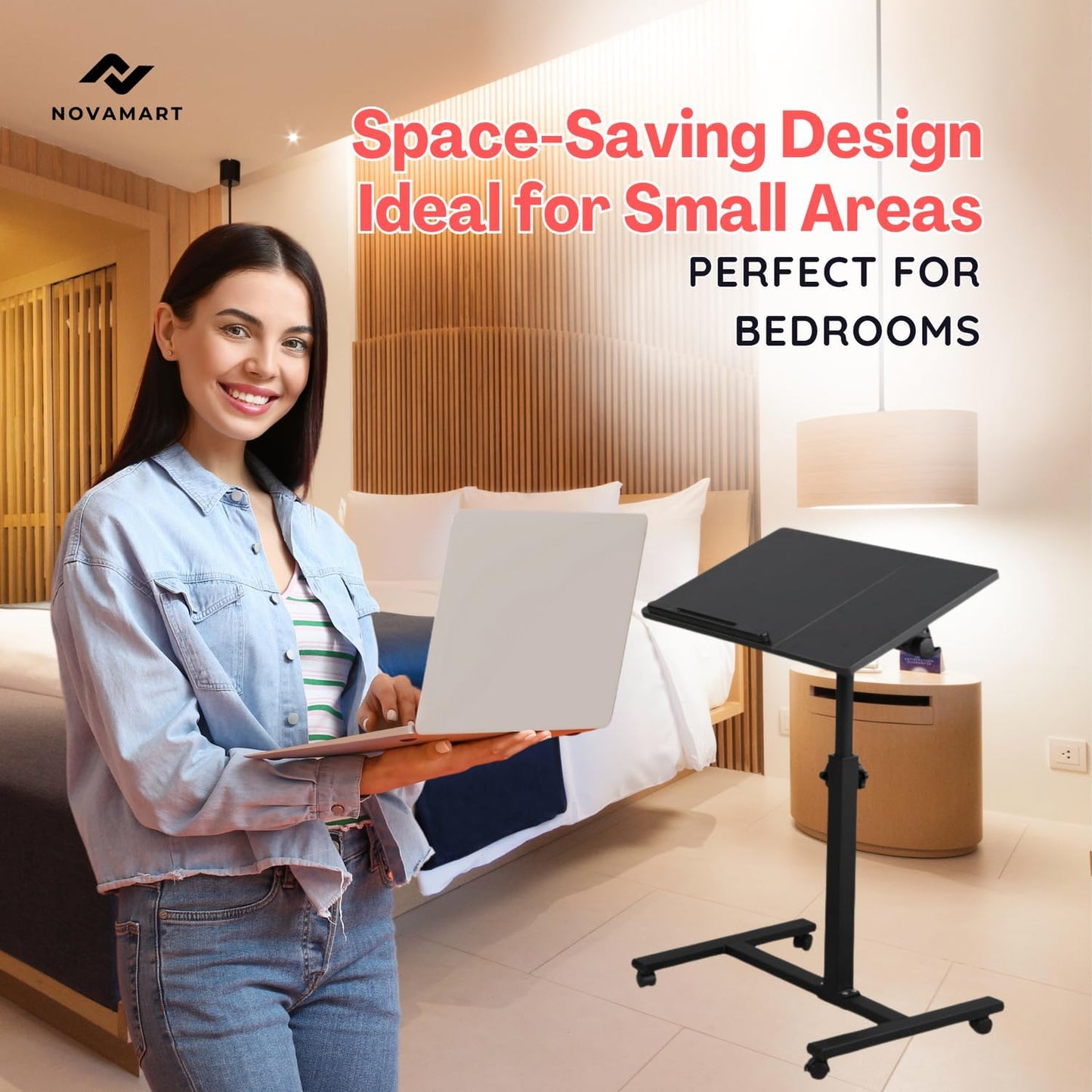 Work from Home Working Station – Height Adjustable Laptop Desk (58–90cm) with MDF Tabletop & Steel Frame | Rolling Mobile Desk for Home Office, Study, or Small Spaces – Black