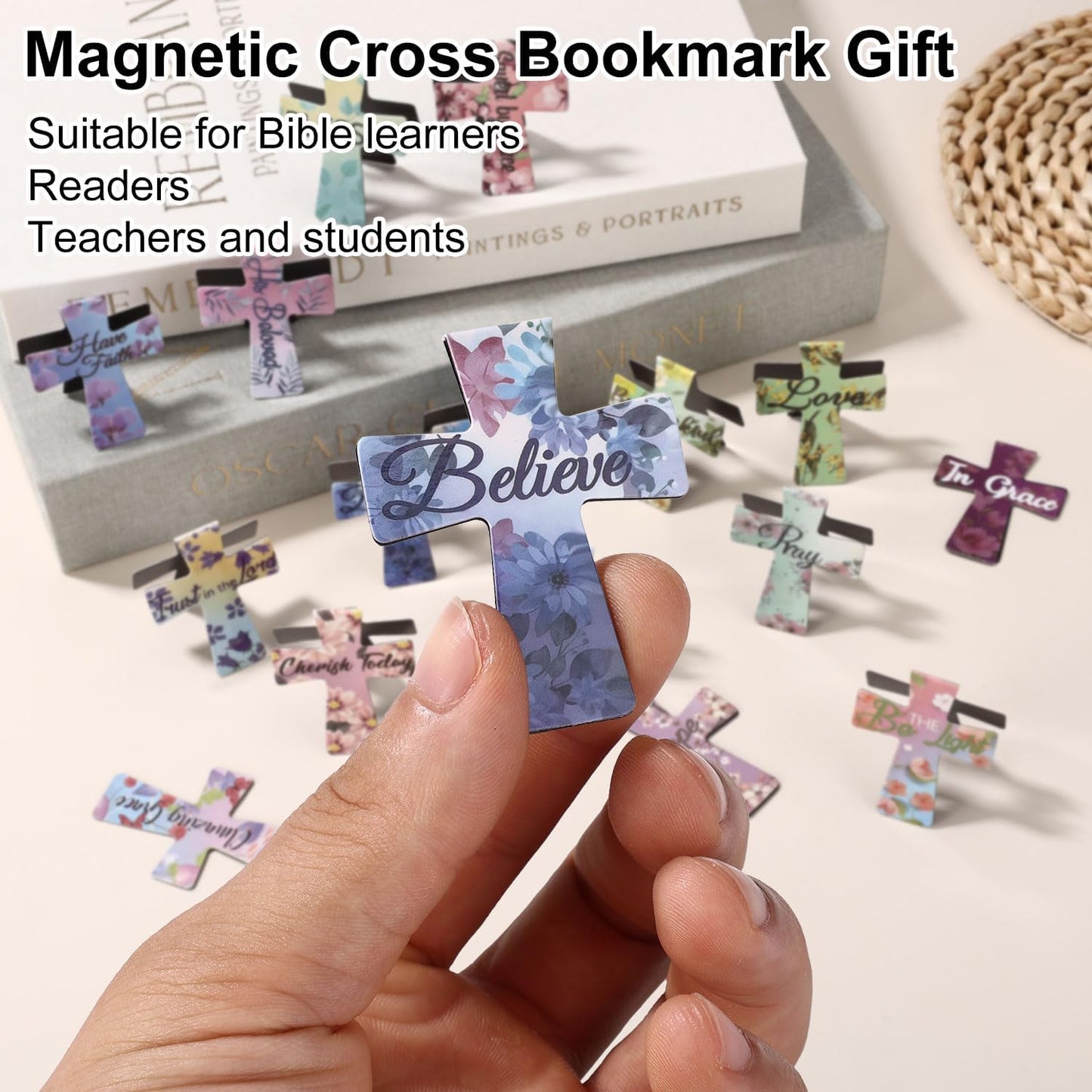 32pcs Magnetic Cross Bookmarks, 16 Colors Christian Bible Verse Bookmarks Magnetic Page Holders for Reading Women Students School Church Bible Study (Floral Style)