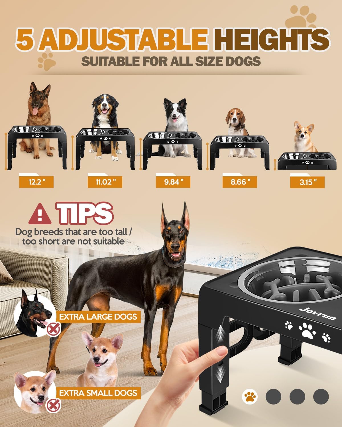 Elevated Dog Bowls for Medium Size Dogs, Non-Slip Dog Feeder with 1*Stainless Steel Dishes & 1*Slow Feeder Bowl, 5 Heights Adjustable Raised Bowls to 3.15″-8.66″-9.84″-11.02″-12.2″