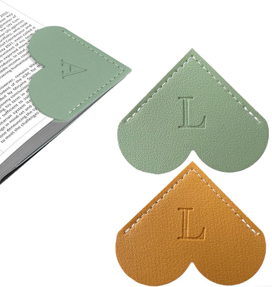 2Pcs Personalized Leather Heart Bookmark with Initial, 26 Letters Custom Corner Page Book Mark for Reading Women, Book Lovers, Teachers, Students, Cute Book Accessories Gifts(Green+Light Brown, L)