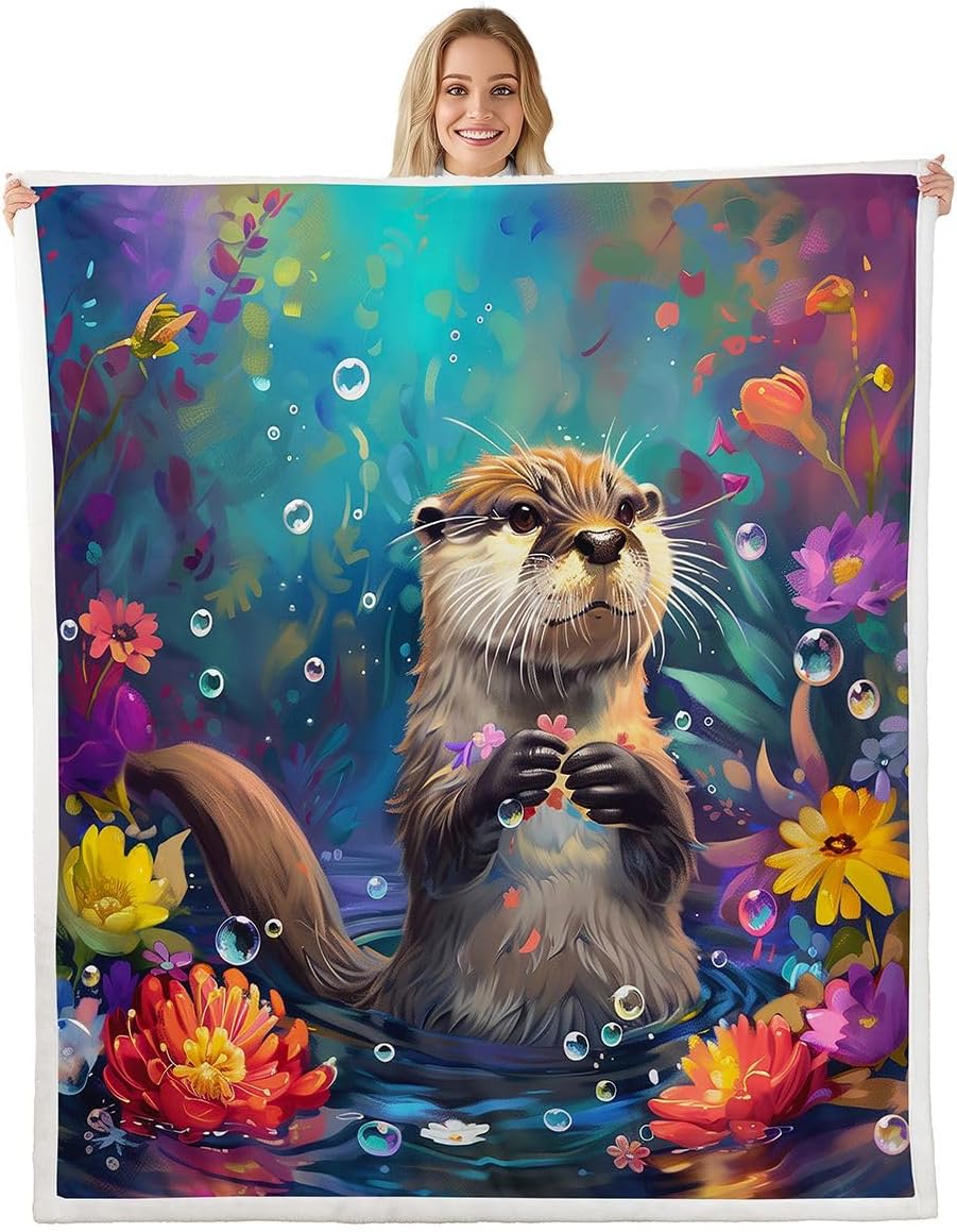 Feelyou Cute Otters Sherpa Throw Blanket for Couch Sea Otters Ocean Super Soft Cozy Fleece Sealife Blanket for Winter, Plush Throw Underwater Animals Throw 50"x60" All Season