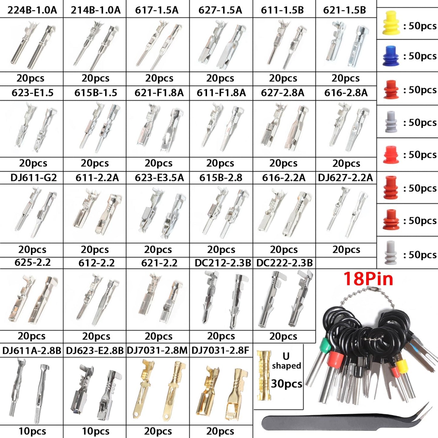 Connector Pins Kit Crimped Terminal Pin Automotive Car Electrical 1/1.5/1.8/2.2/2.3/2.5/2.8/3.5mm Male&Female Wire Seals Removal Tool kit Motorcycle ATV Wire Non-Insulated Plug Crimp Set