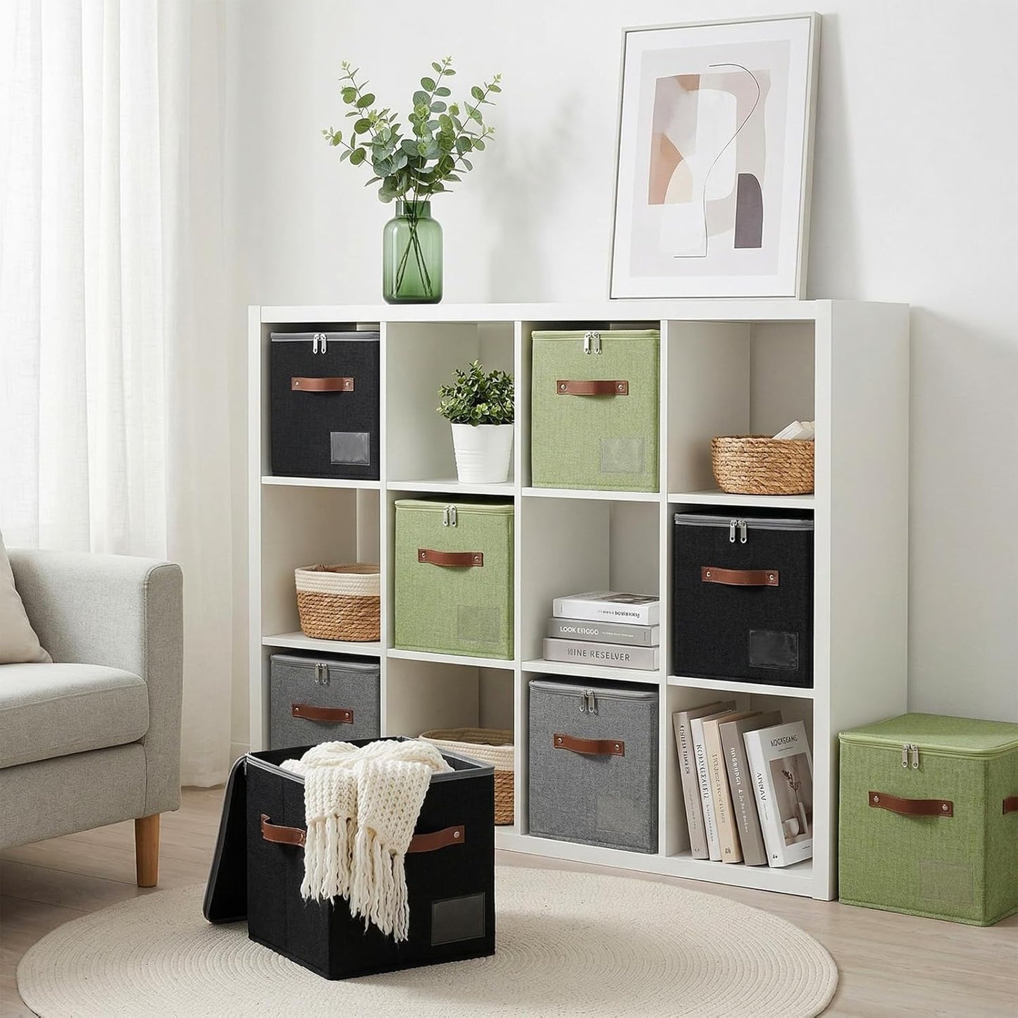 Storage Cubes with Zipper Lid, 11x11x11in Fabric Lidded Storage Boxes Baskets, 1 Pack Foldable Washable PU Leather Handle Cotton Linen Fabric Shelf Closet Organizer Container (Green, Label Pocket)
