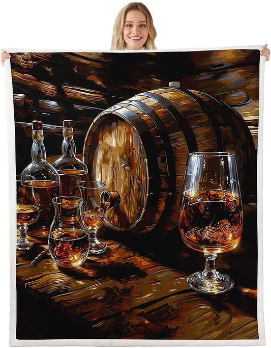 Whisky Throw Blanket,Wooden Barrel Plank Grain Rustic Retro Fuzzy Blanket,Wine Beer Glass Bar Time Fleece Throws for Bed Couch Sofa,Brown Black Soft and Breathable,Twin Size (60 x 80 Inches)