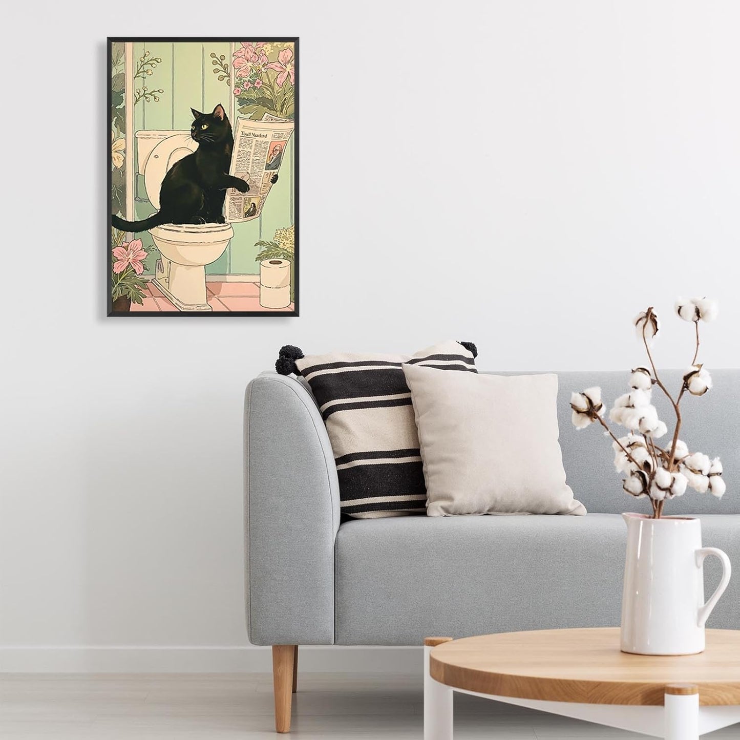 ZHIXQMG Funny Animal Bathroom Canvas Wall Art Japanese Black Cat Reading Newspaper Posters Cute Cats Sitting On The Toilet Picture Pink Flowers Aesthetic Wall Decor For Home Dorm 12x16in Unframed