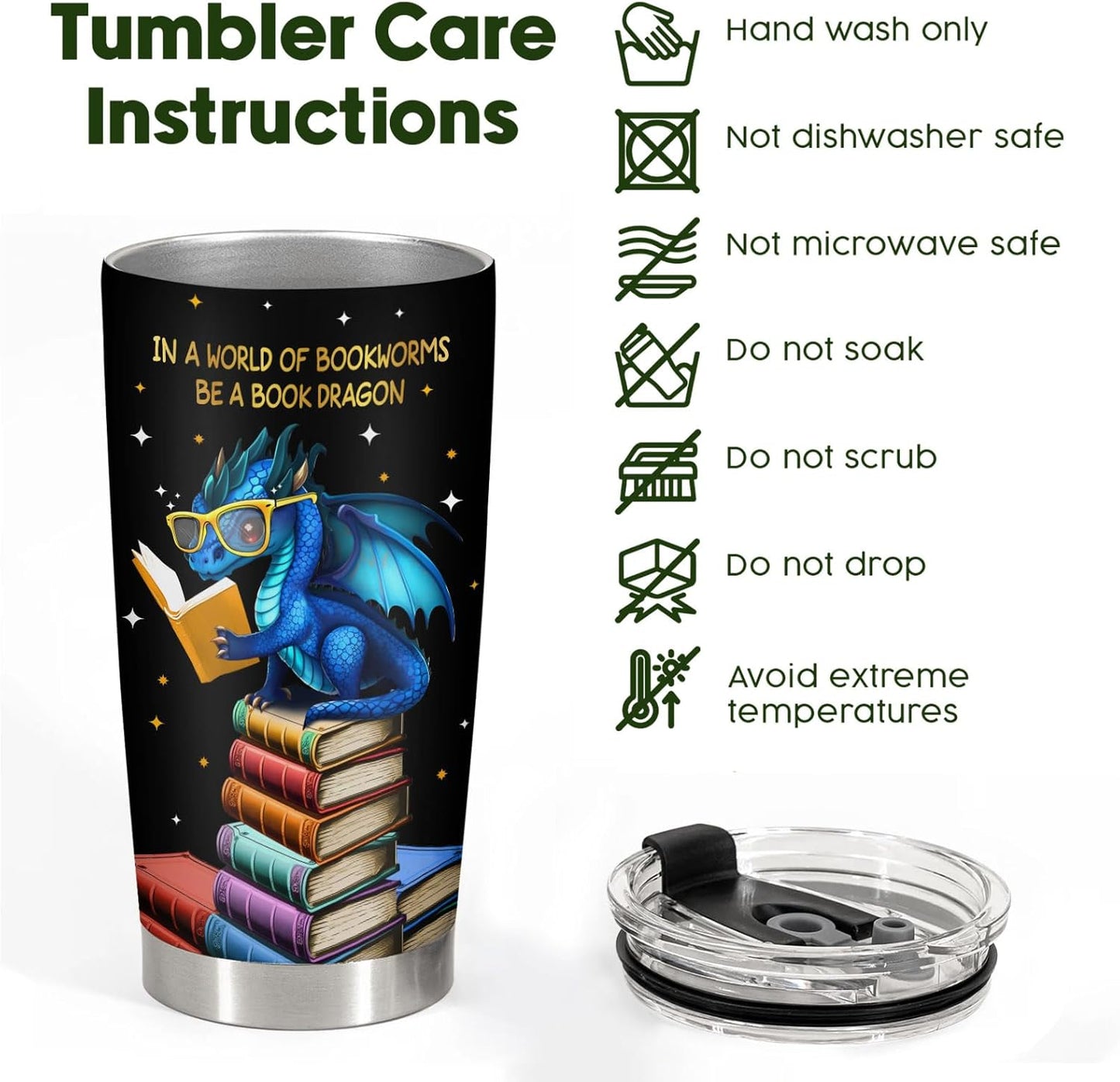 34HD Book Dragon Tumbler with Lid, 20oz Stainless Steel Vacuum Insulated Dragon Coffee Mug, Book Lover Gifts for Birthday Christmas Back To School, Bookworm Gifts for Women, Bookish Items